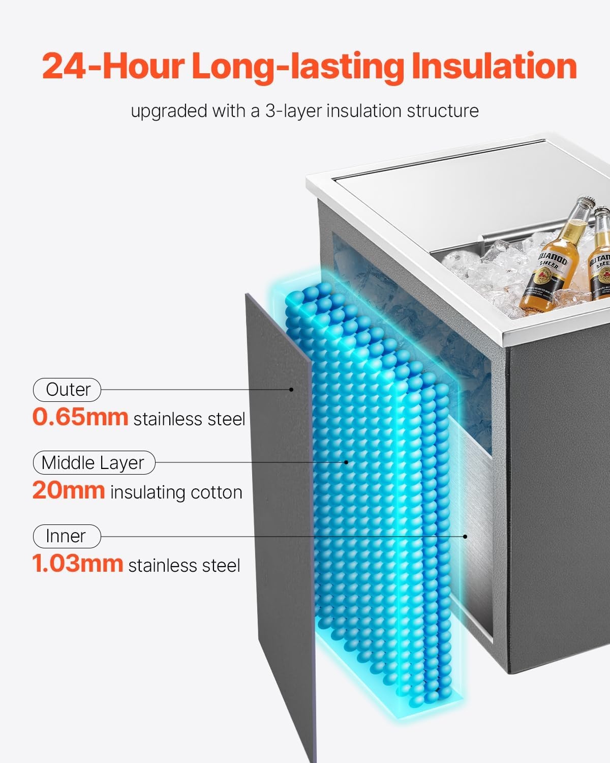 image:imageVEVOR Drop in Ice Chest Stainless Steel Drop in Cooler Commercial Ice Bin with Lid for Outdoor Kitchen Patio Bar DrainPipe Set Included Cooling Bins with Cover for Cold Wine BeerSliding Lid