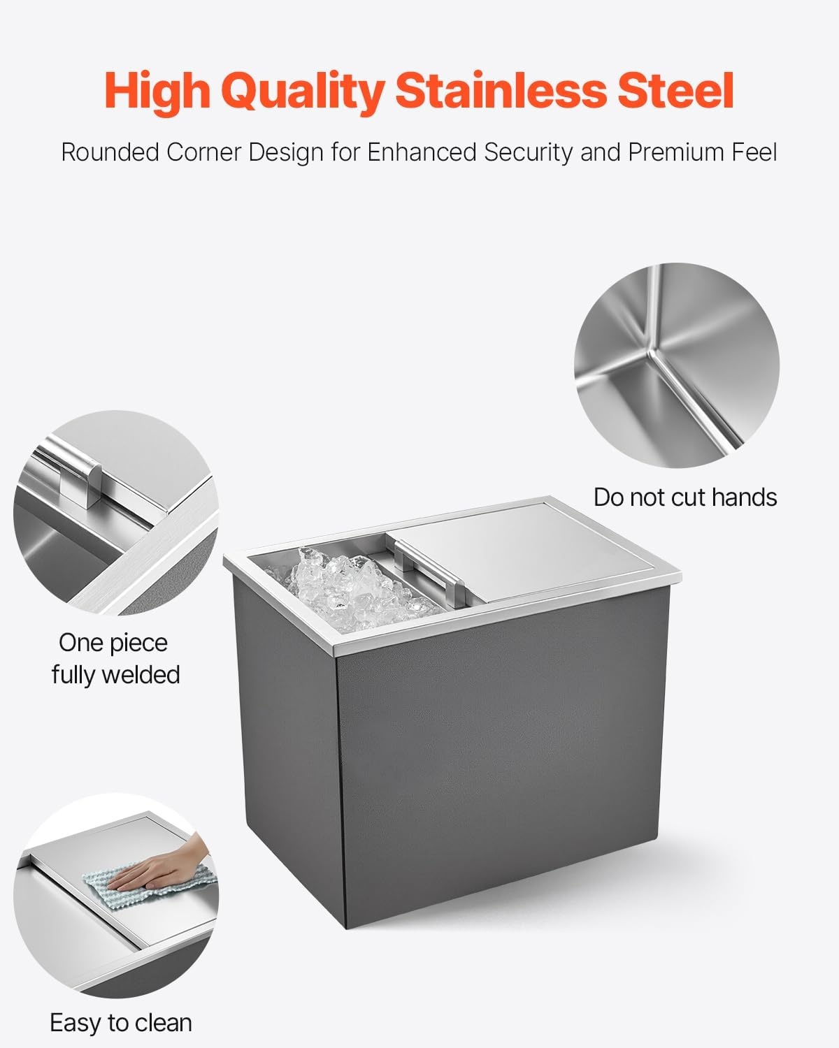 image:imageVEVOR Drop in Ice Chest Stainless Steel Drop in Cooler Commercial Ice Bin with Lid for Outdoor Kitchen Patio Bar DrainPipe Set Included Cooling Bins with Cover for Cold Wine BeerSliding Lid