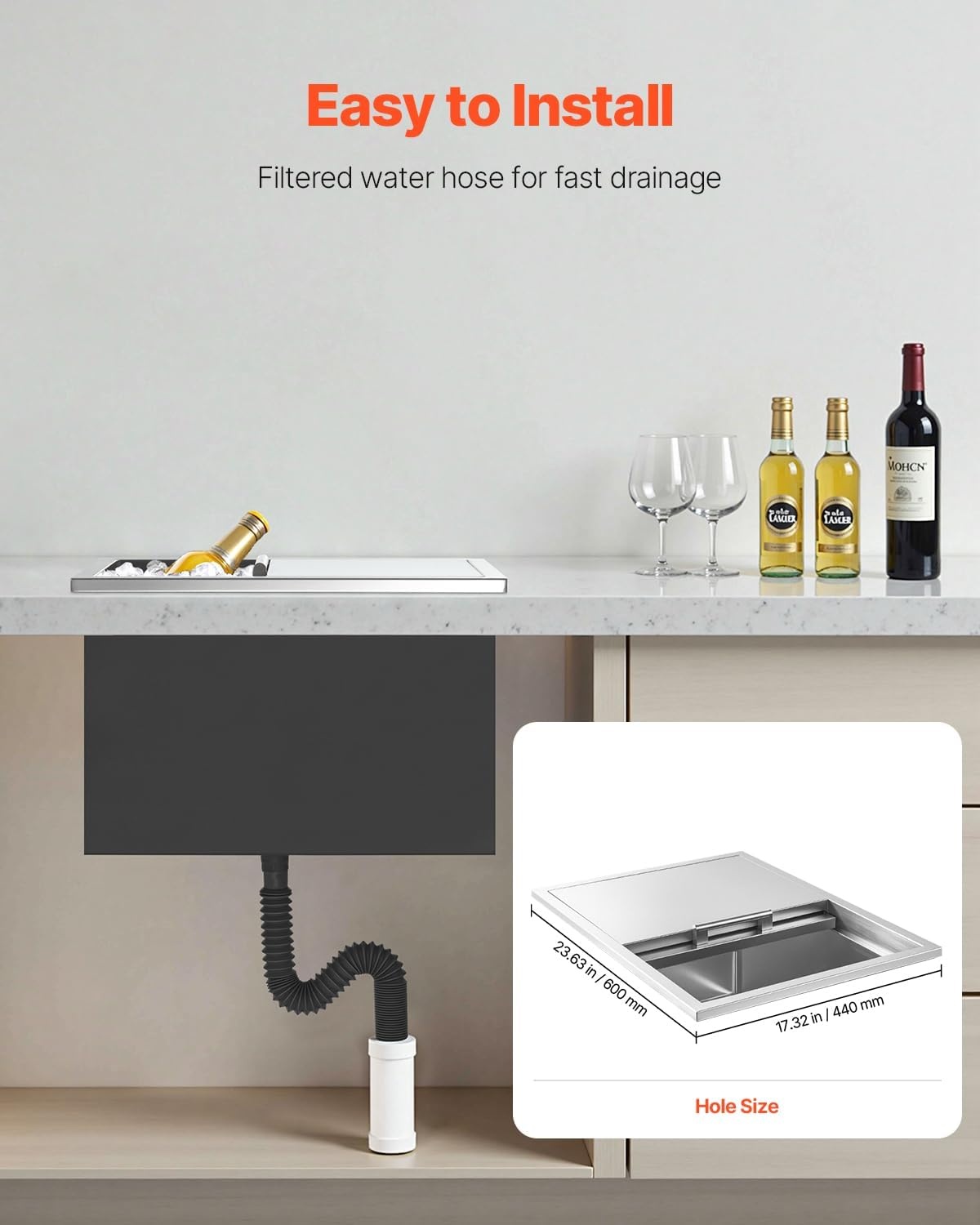 image:imageVEVOR Drop in Ice Chest Stainless Steel Drop in Cooler Commercial Ice Bin with Lid for Outdoor Kitchen Patio Bar DrainPipe Set Included Cooling Bins with Cover for Cold Wine BeerSliding Lid