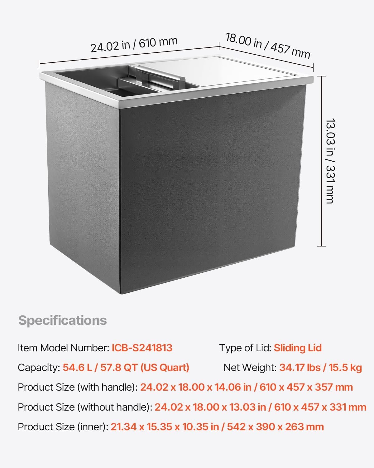 image:imageVEVOR Drop in Ice Chest Stainless Steel Drop in Cooler Commercial Ice Bin with Lid for Outdoor Kitchen Patio Bar DrainPipe Set Included Cooling Bins with Cover for Cold Wine BeerSliding Lid