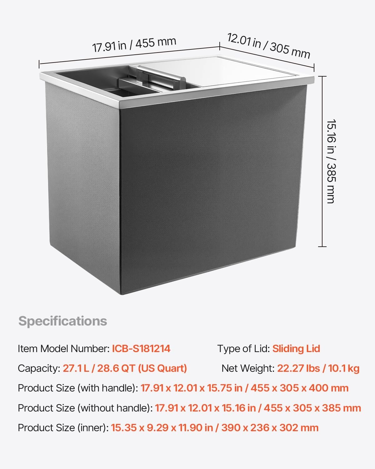 image:imageVEVOR Drop in Ice Chest Stainless Steel Drop in Cooler Commercial Ice Bin with Lid for Outdoor Kitchen Patio Bar DrainPipe Set Included Cooling Bins with Cover for Cold Wine BeerSliding Lid