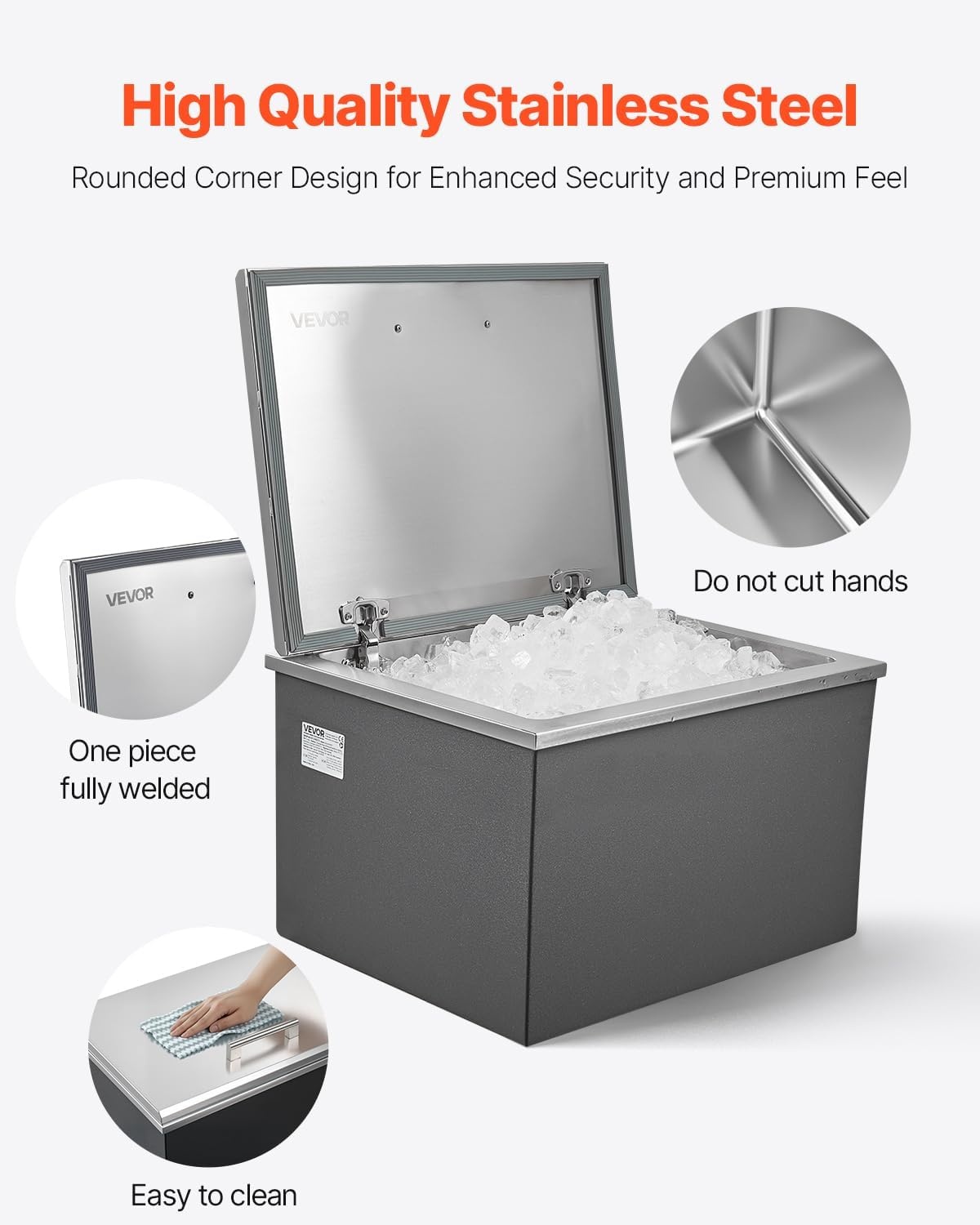 image:imageVEVOR Drop in Ice Chest Stainless Steel Drop in Cooler Commercial Ice Bin with Lid for Outdoor Kitchen Patio Bar DrainPipe Set Included Cooling Bins with Cover for Cold Wine BeerSliding Lid