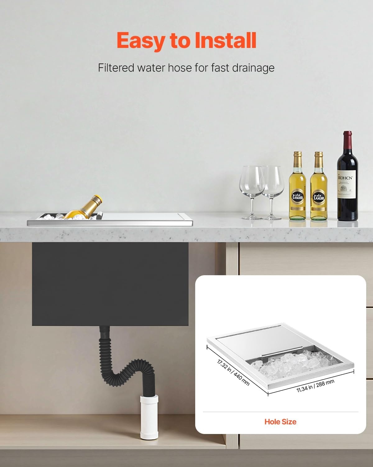 image:imageVEVOR Drop in Ice Chest Stainless Steel Drop in Cooler Commercial Ice Bin with Lid for Outdoor Kitchen Patio Bar DrainPipe Set Included Cooling Bins with Cover for Cold Wine BeerSliding Lid