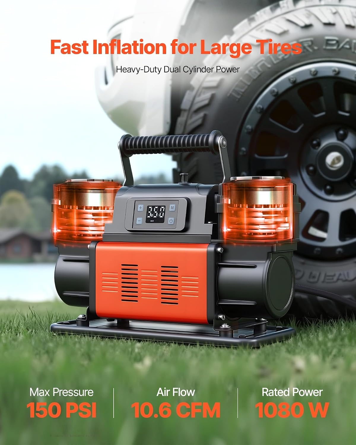 image:imageVEVOR DualCylinder Heavy Duty Air Compressor 106CFM Portable Tire Inflator 12V 150PSI Offroad Air Pump with Digital Pressure Gauge amp Adapters for Truck Car SUV 4 x 4 Vehicle RV106 CFM AutoStop