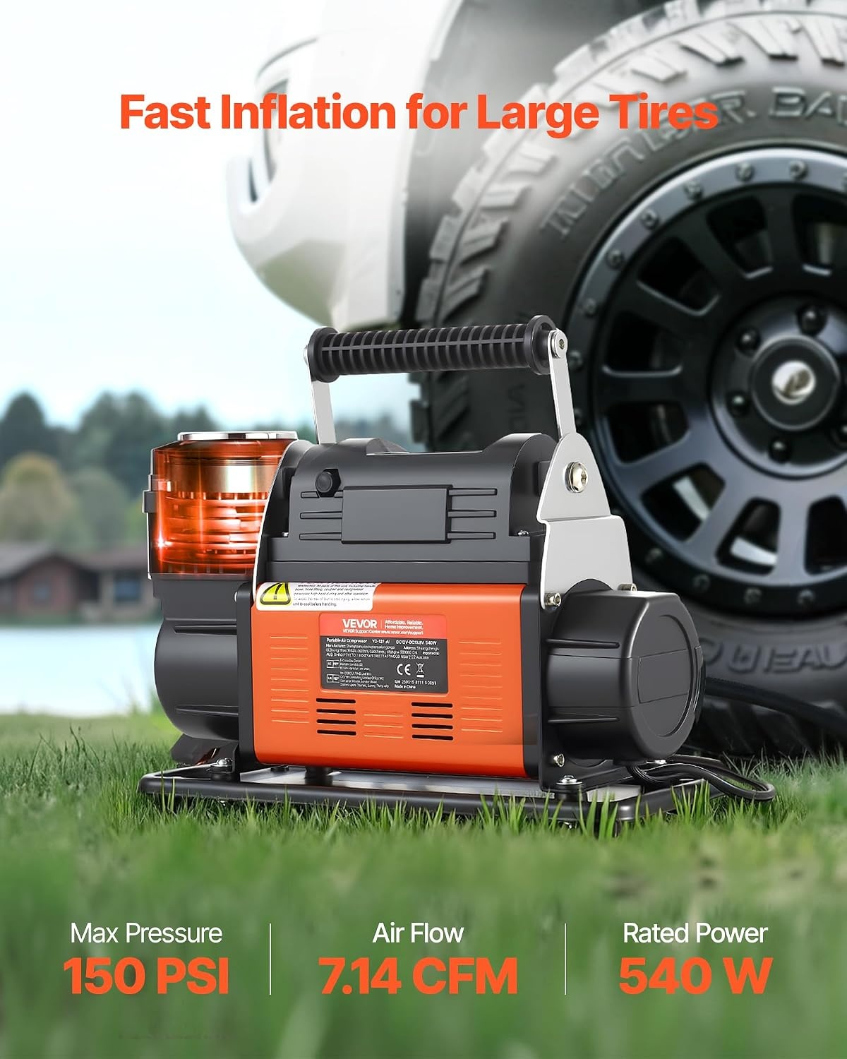 image:imageVEVOR DualCylinder Heavy Duty Air Compressor 106CFM Portable Tire Inflator 12V 150PSI Offroad Air Pump with Digital Pressure Gauge amp Adapters for Truck Car SUV 4 x 4 Vehicle RV714 CFM AutoStop