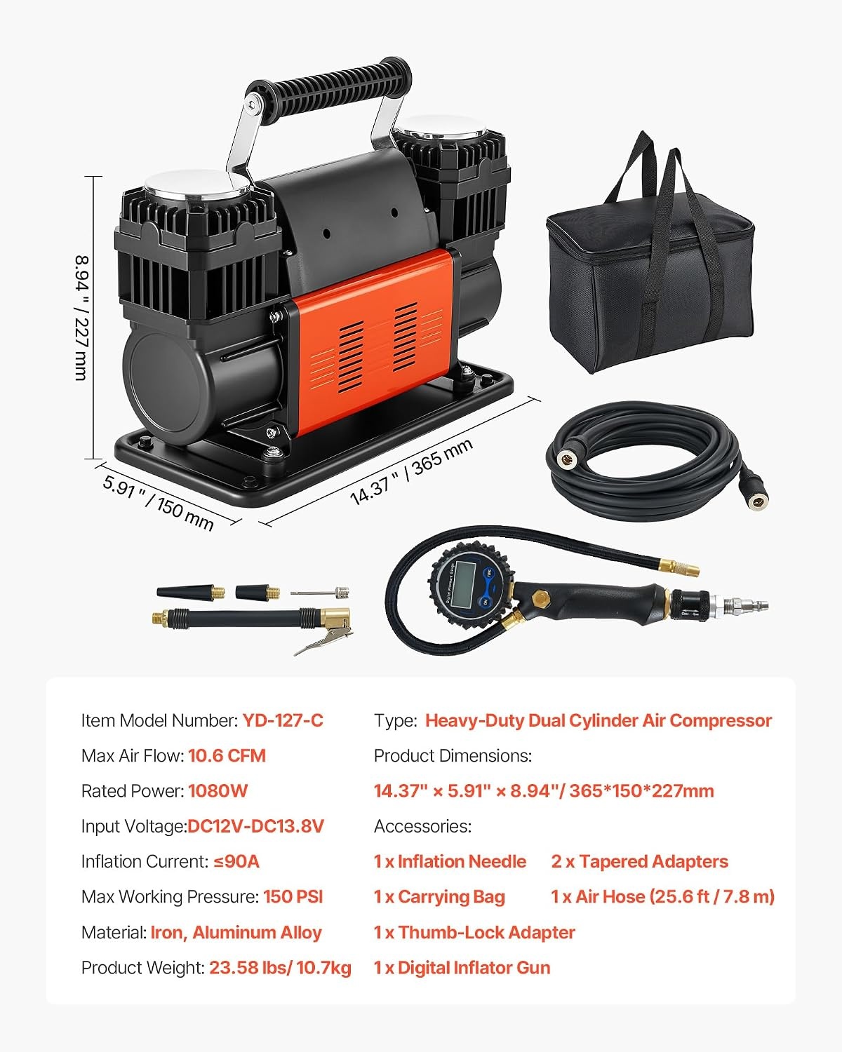image:imageVEVOR DualCylinder Heavy Duty Air Compressor 106CFM Portable Tire Inflator 12V 150PSI Offroad Air Pump with Digital Pressure Gauge amp Adapters for Truck Car SUV 4 x 4 Vehicle RV106 CFM DualCylinder