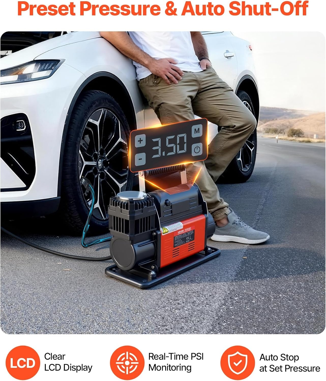 image:imageVEVOR DualCylinder Heavy Duty Air Compressor 106CFM Portable Tire Inflator 12V 150PSI Offroad Air Pump with Digital Pressure Gauge amp Adapters for Truck Car SUV 4 x 4 Vehicle RV714 CFM AutoStop