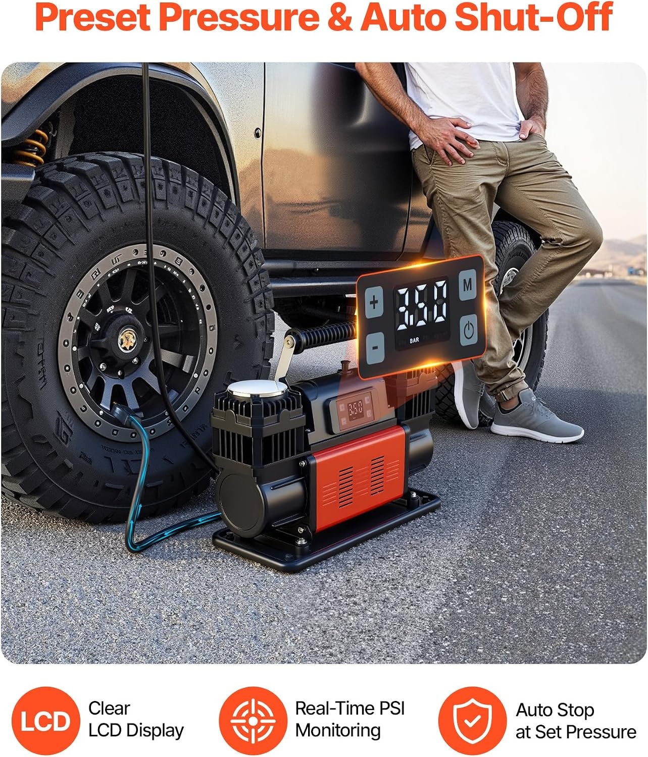 image:imageVEVOR DualCylinder Heavy Duty Air Compressor 106CFM Portable Tire Inflator 12V 150PSI Offroad Air Pump with Digital Pressure Gauge amp Adapters for Truck Car SUV 4 x 4 Vehicle RV106 CFM AutoStop