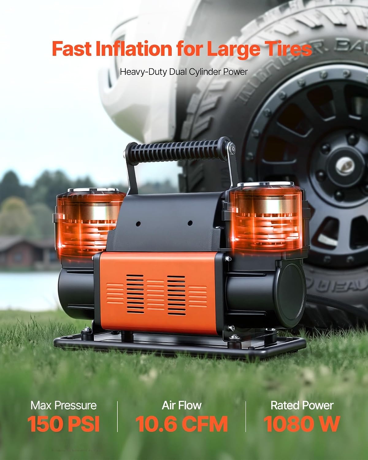 image:imageVEVOR DualCylinder Heavy Duty Air Compressor 106CFM Portable Tire Inflator 12V 150PSI Offroad Air Pump with Digital Pressure Gauge amp Adapters for Truck Car SUV 4 x 4 Vehicle RV106 CFM DualCylinder