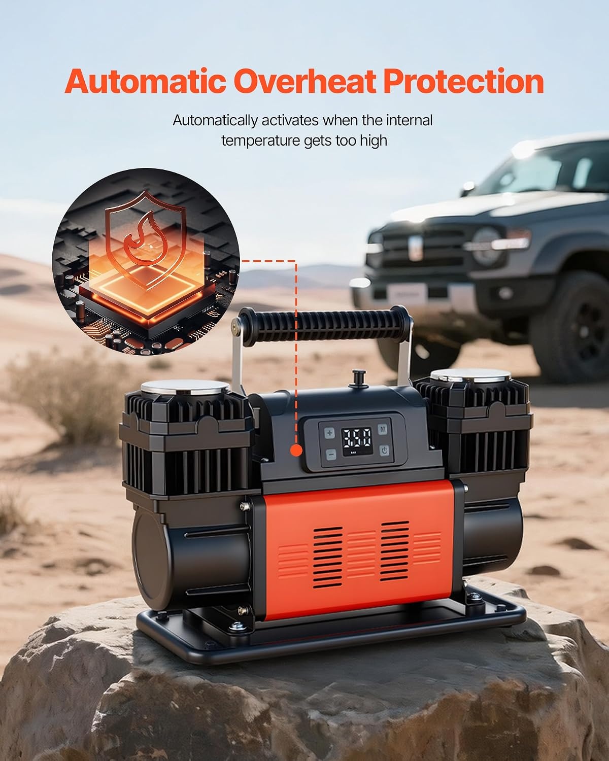 image:imageVEVOR DualCylinder Heavy Duty Air Compressor 106CFM Portable Tire Inflator 12V 150PSI Offroad Air Pump with Digital Pressure Gauge amp Adapters for Truck Car SUV 4 x 4 Vehicle RV106 CFM AutoStop