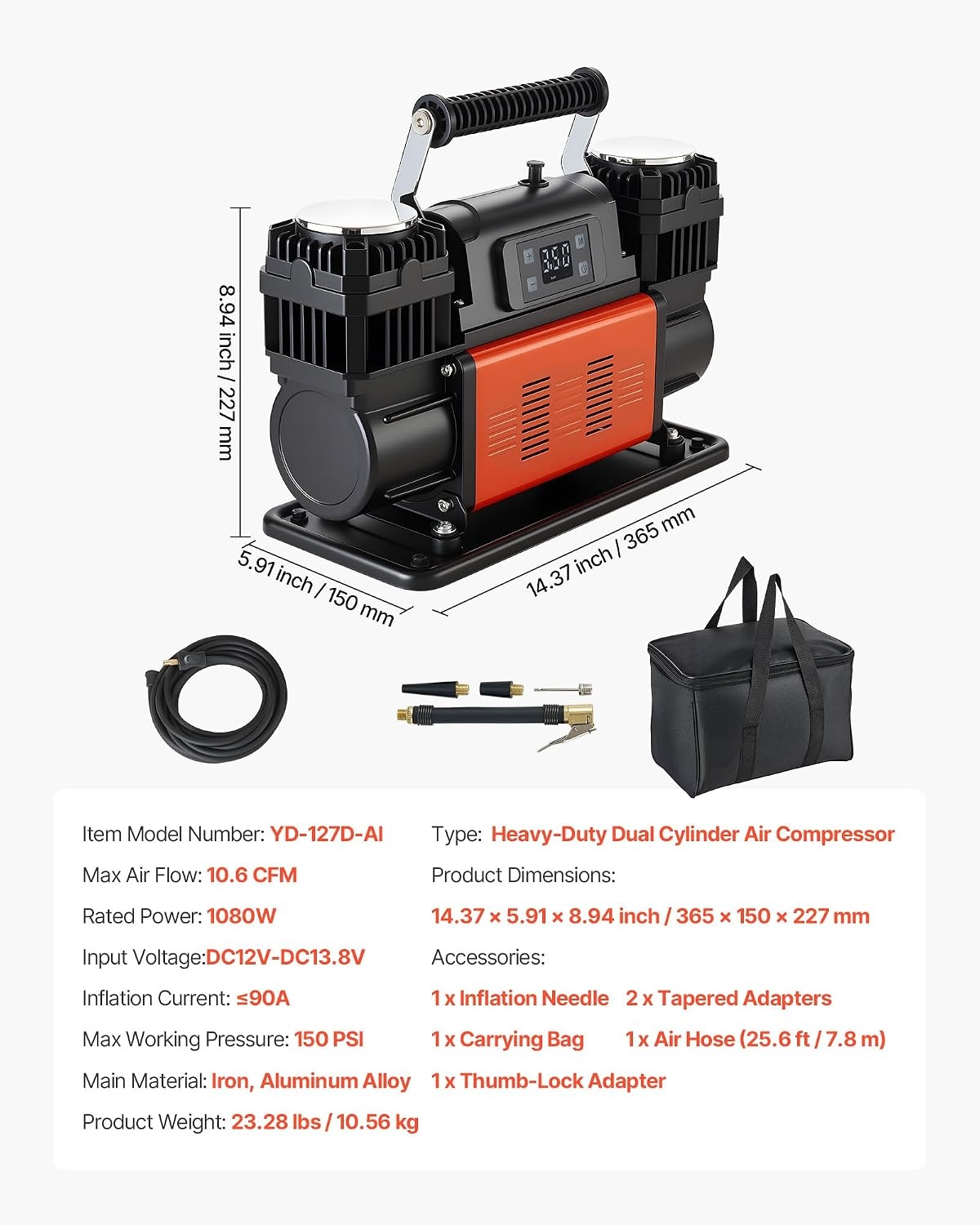 image:imageVEVOR DualCylinder Heavy Duty Air Compressor 106CFM Portable Tire Inflator 12V 150PSI Offroad Air Pump with Digital Pressure Gauge amp Adapters for Truck Car SUV 4 x 4 Vehicle RV106 CFM AutoStop