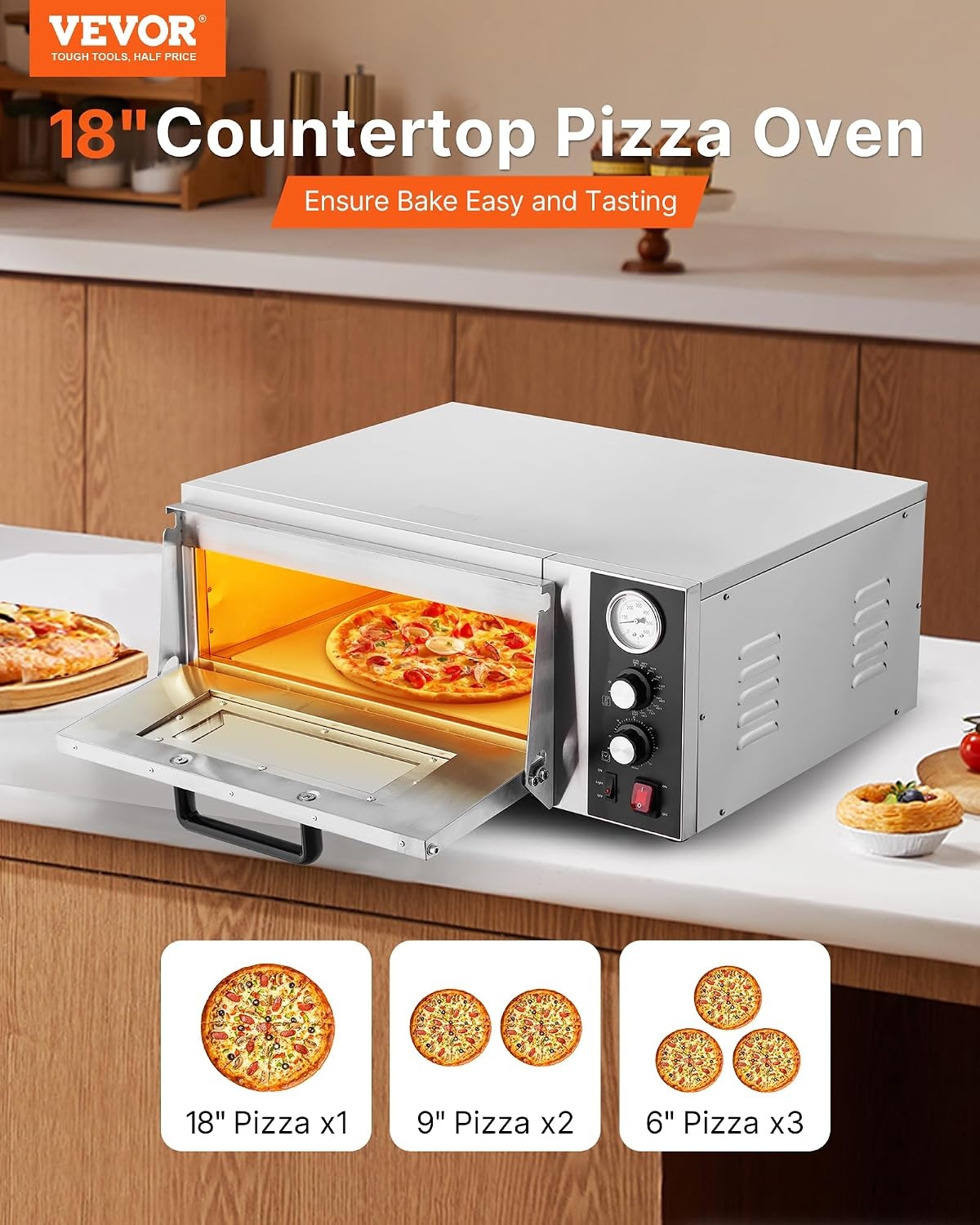 image:imageVEVOR Electric Pizza Oven 18Inch Commercial Pizza Ovens 752F Max Temp 1740W Large Pizza Oven Countertop with Temp amp Time Control Built in Thermometer Indoor Pizza Maker for Restaurant Home Use18Inch Single Layer
