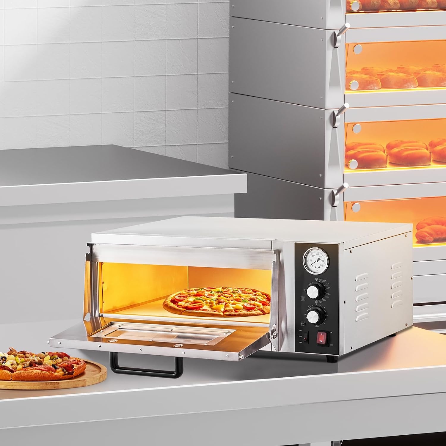 image:imageVEVOR Electric Pizza Oven 18Inch Commercial Pizza Ovens 752F Max Temp 1740W Large Pizza Oven Countertop with Temp amp Time Control Built in Thermometer Indoor Pizza Maker for Restaurant Home Use18Inch Single Layer