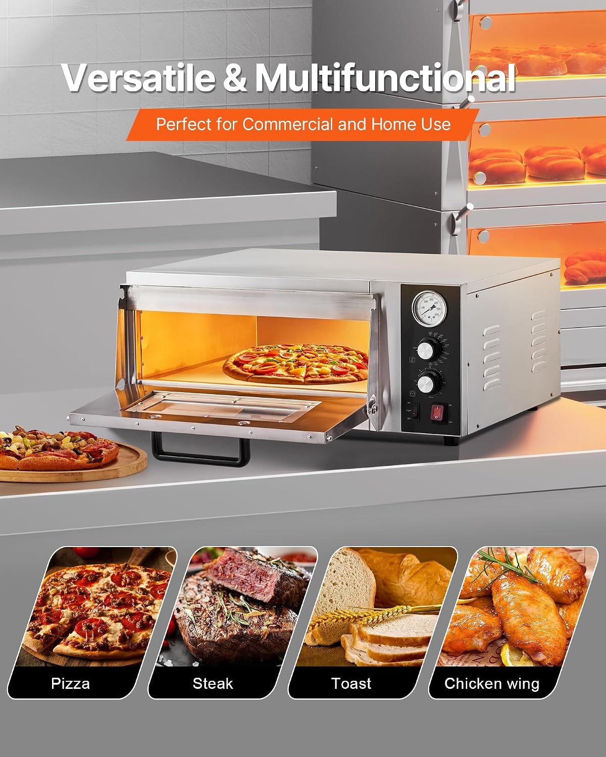 image:imageVEVOR Electric Pizza Oven 18Inch Commercial Pizza Ovens 752F Max Temp 1740W Large Pizza Oven Countertop with Temp amp Time Control Built in Thermometer Indoor Pizza Maker for Restaurant Home Use18Inch Single Layer