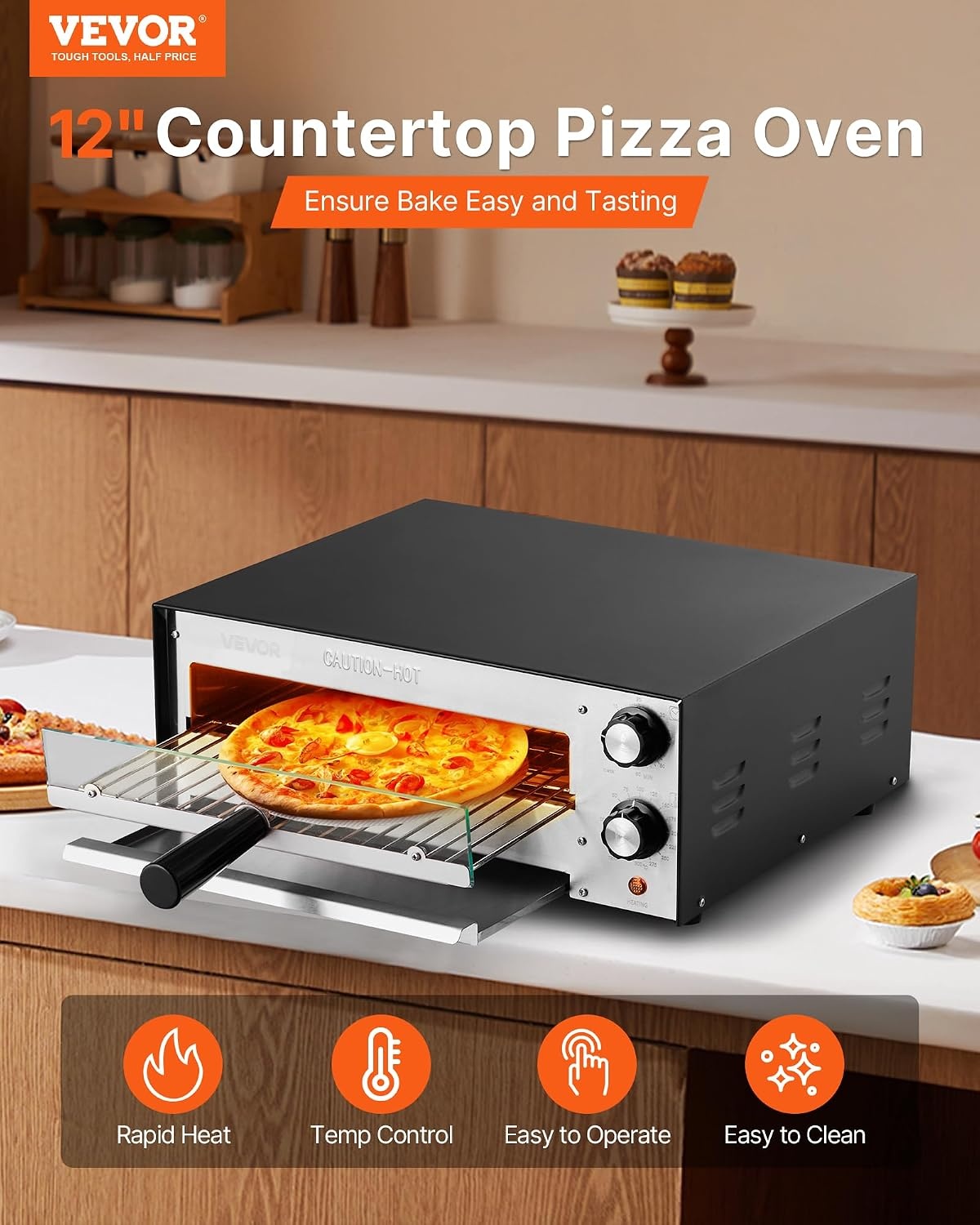 image:imageVEVOR Electric Pizza Oven 18Inch Commercial Pizza Ovens 752F Max Temp 1740W Large Pizza Oven Countertop with Temp amp Time Control Built in Thermometer Indoor Pizza Maker for Restaurant Home Use12Inch Single Layer