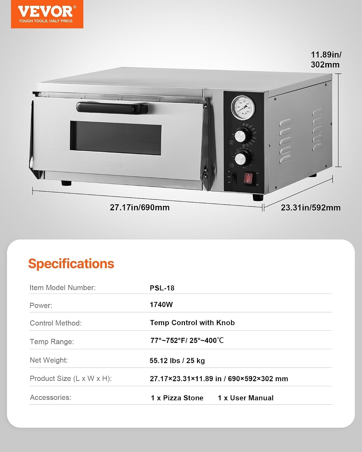 image:imageVEVOR Electric Pizza Oven 18Inch Commercial Pizza Ovens 752F Max Temp 1740W Large Pizza Oven Countertop with Temp amp Time Control Built in Thermometer Indoor Pizza Maker for Restaurant Home Use18Inch Single Layer