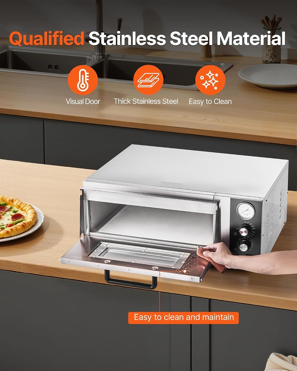 image:imageVEVOR Electric Pizza Oven 18Inch Commercial Pizza Ovens 752F Max Temp 1740W Large Pizza Oven Countertop with Temp amp Time Control Built in Thermometer Indoor Pizza Maker for Restaurant Home Use18Inch Single Layer