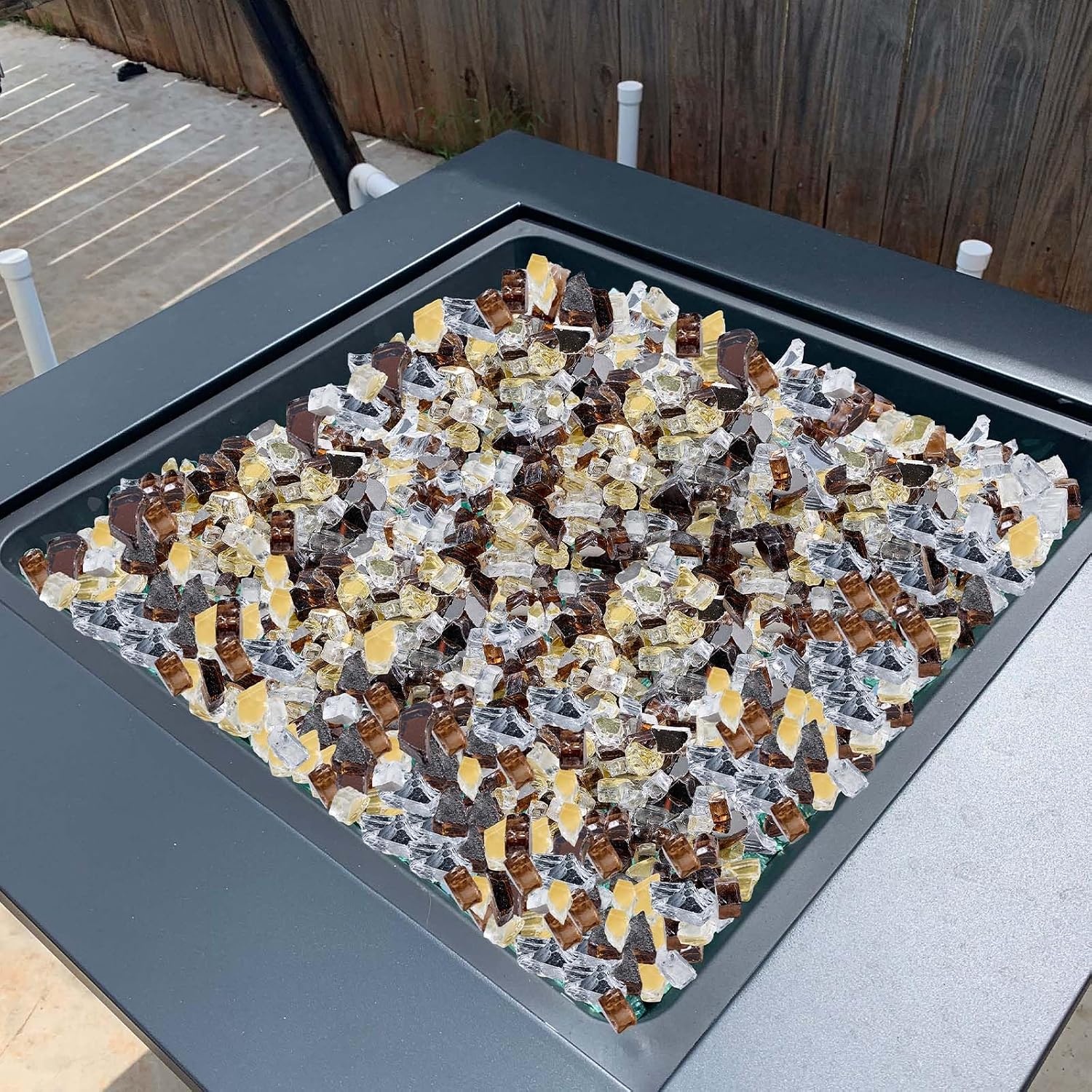 image:imageVEVOR Fire Glass 10 lbs Aqua Blue Caribbean Blue Aqua Green 34 Inch HighTemperature Resistant Reflective Glass Rocks Smokeless Fire Pit Stones for Outdoor Table amp LandscapingRed Brown Copper Transparent Gold