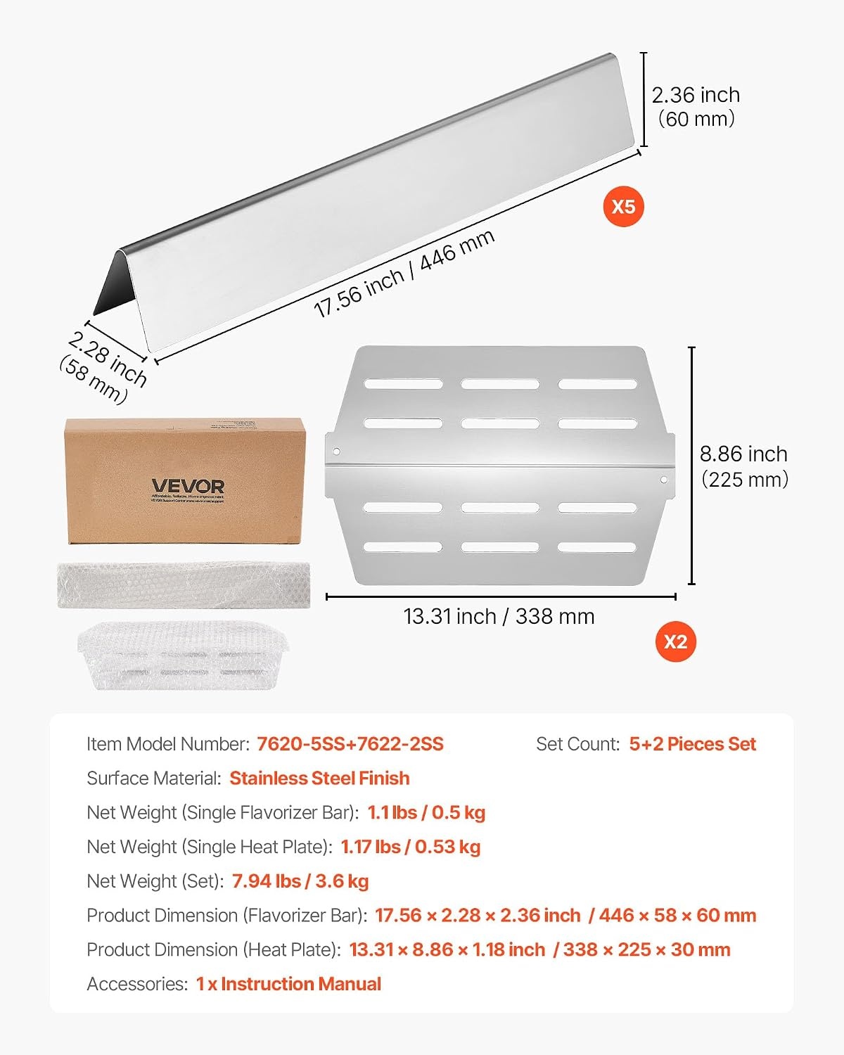 image:imageVEVOR Flavorizer Bars and Heat Deflectors 17 in Grill Replacement Part for Weber Genesis ll 310 315 335 340 ES 325s ESSX 325s ES 335 EXSXEPX335 Grills Porcelainenameled Steel 8 Pack7PCS Thicker Stainless Steel