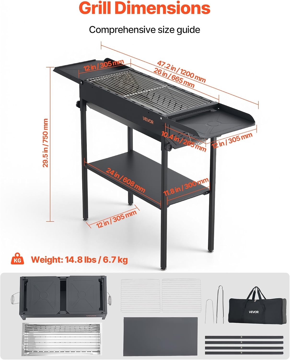 image:imageVEVOR Foldable Charcoal Grill Portable Charcoal Barbecue Grill with Adjustable Height amp Folding Side Tables HighTemp PowderCoated Steel Outdoor BBQ Grills for Camping Backyard PartiesBlack