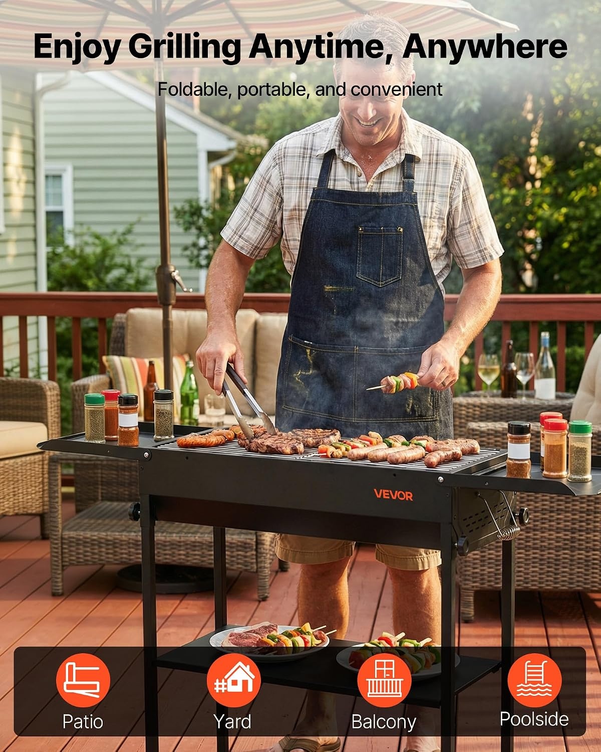 image:imageVEVOR Foldable Charcoal Grill Portable Charcoal Barbecue Grill with Adjustable Height amp Folding Side Tables HighTemp PowderCoated Steel Outdoor BBQ Grills for Camping Backyard PartiesBlack