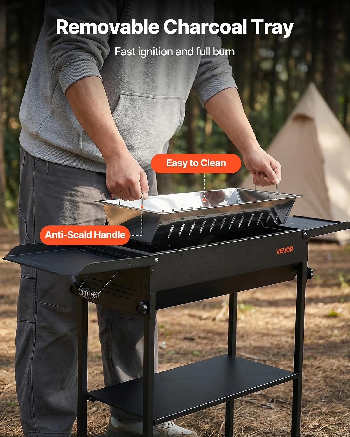 image:imageVEVOR Foldable Charcoal Grill Portable Charcoal Barbecue Grill with Adjustable Height amp Folding Side Tables HighTemp PowderCoated Steel Outdoor BBQ Grills for Camping Backyard PartiesBlack