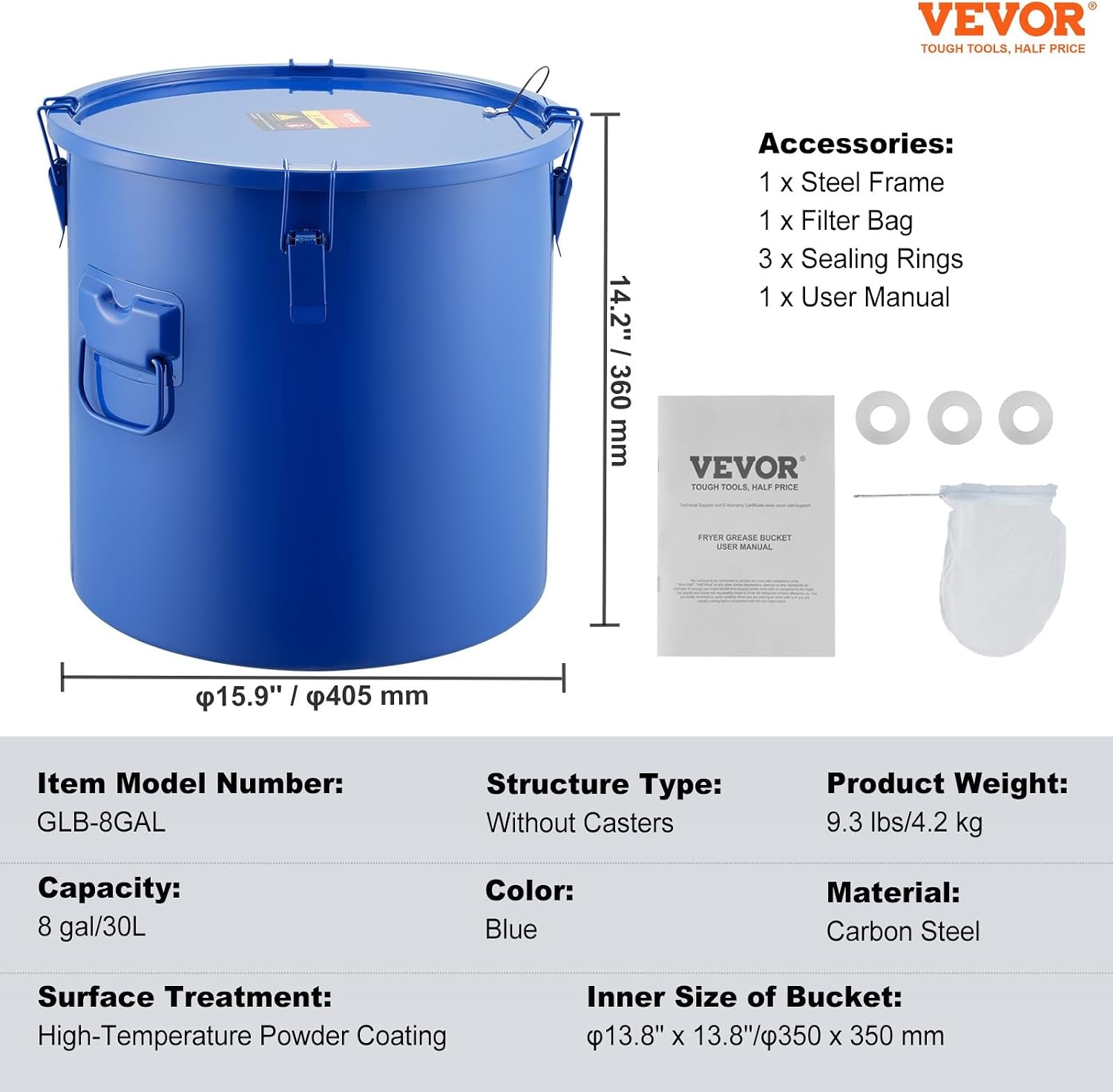 image:imageVEVOR Fryer Grease Bucket 16 Gal Oil Disposal Caddy with Caster Base Carbon Steel RustProof Coating Oil Transport Container with Lid Lock Clips Filter Bag for Hot Cooking Oil Filtering GrayBlue