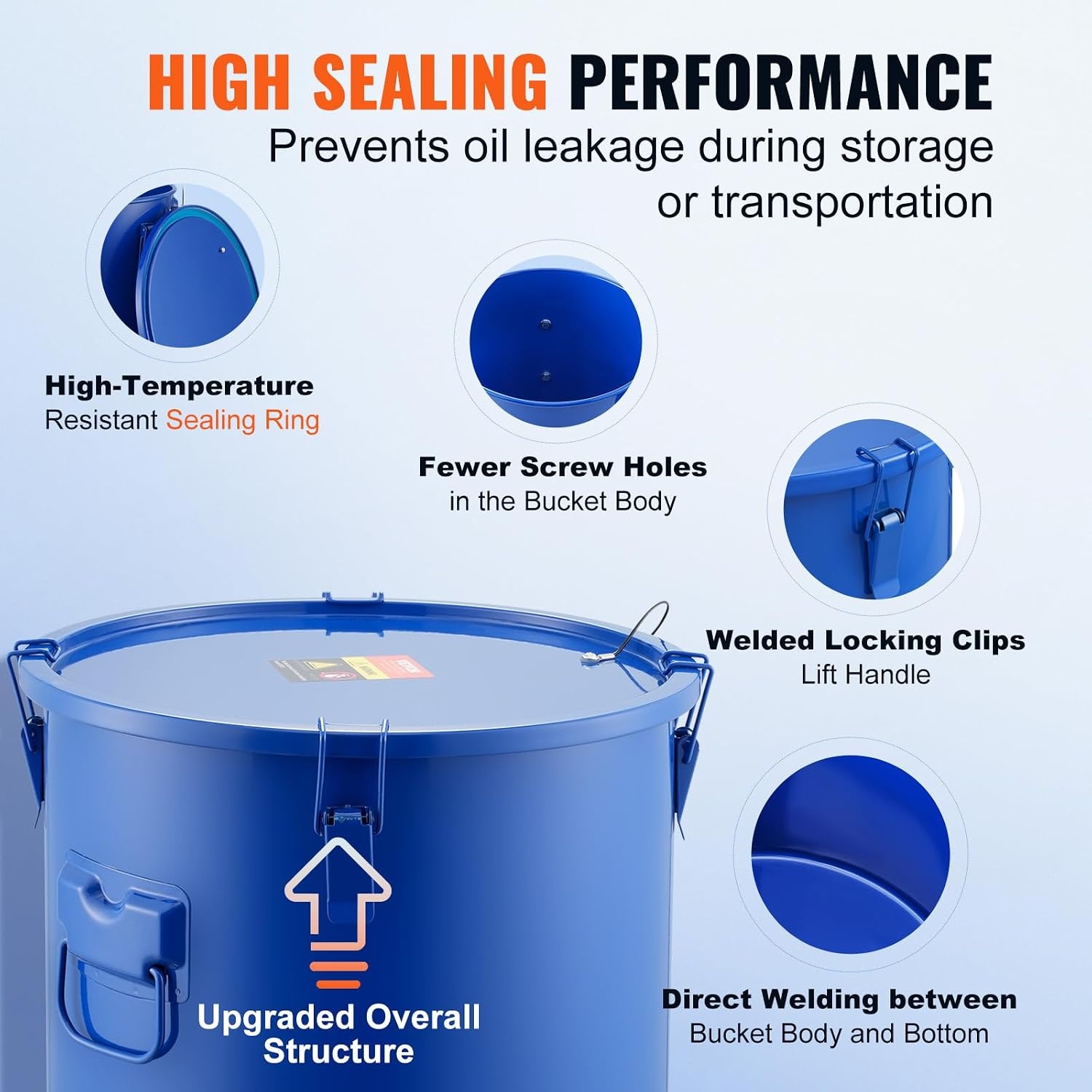 image:imageVEVOR Fryer Grease Bucket 16 Gal Oil Disposal Caddy with Caster Base Carbon Steel RustProof Coating Oil Transport Container with Lid Lock Clips Filter Bag for Hot Cooking Oil Filtering GrayBlue