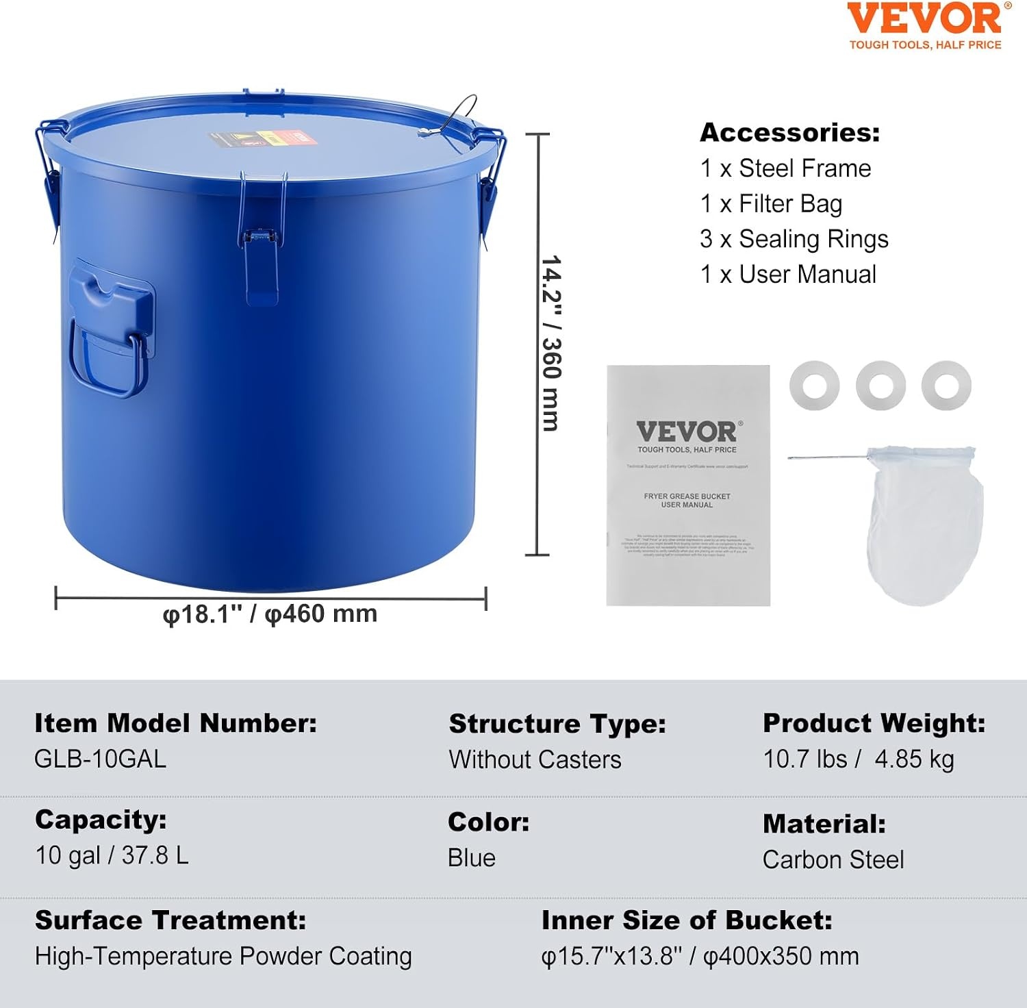 image:imageVEVOR Fryer Grease Bucket 16 Gal Oil Disposal Caddy with Caster Base Carbon Steel RustProof Coating Oil Transport Container with Lid Lock Clips Filter Bag for Hot Cooking Oil Filtering GrayBlue