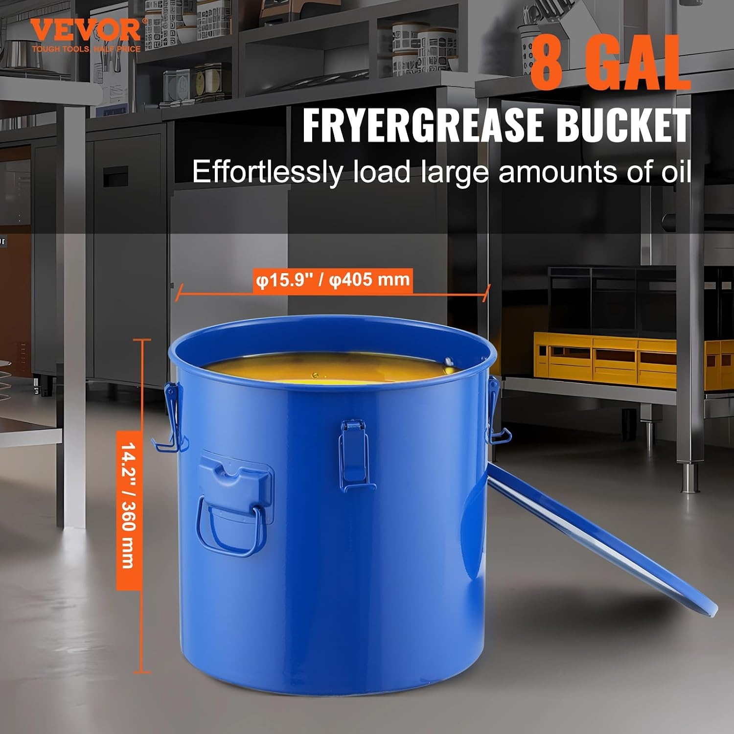 image:imageVEVOR Fryer Grease Bucket 16 Gal Oil Disposal Caddy with Caster Base Carbon Steel RustProof Coating Oil Transport Container with Lid Lock Clips Filter Bag for Hot Cooking Oil Filtering GrayBlue