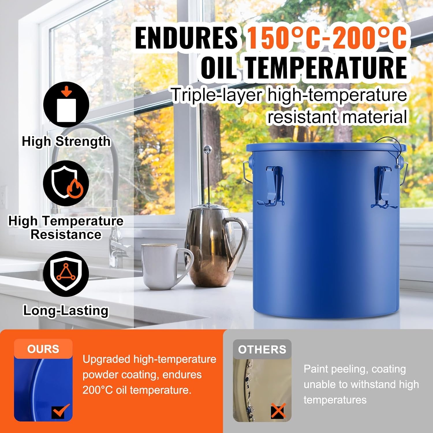 image:imageVEVOR Fryer Grease Bucket 16 Gal Oil Disposal Caddy with Caster Base Carbon Steel RustProof Coating Oil Transport Container with Lid Lock Clips Filter Bag for Hot Cooking Oil Filtering GrayBlue