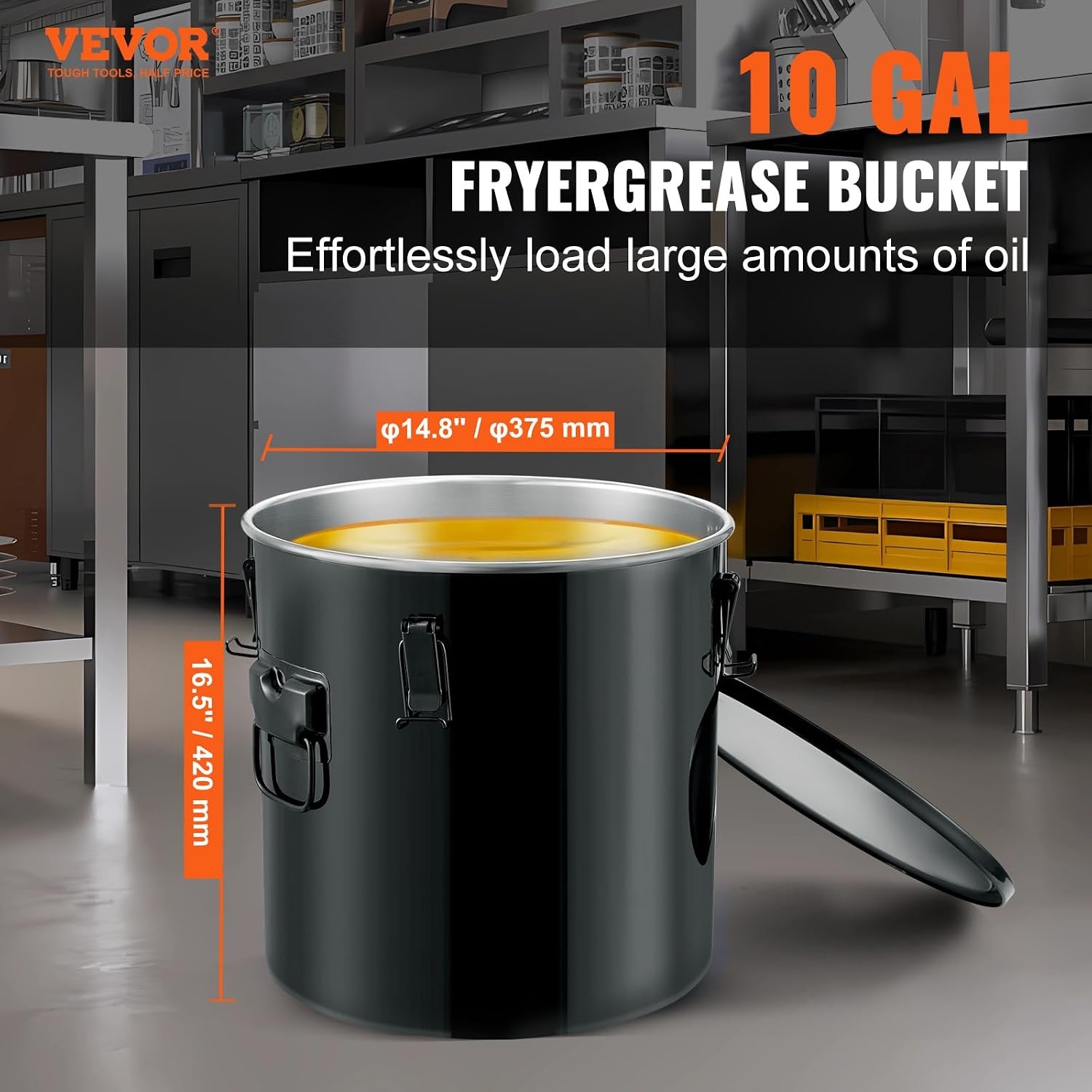 image:imageVEVOR Fryer Grease Bucket 16 Gal Oil Disposal Caddy with Caster Base Carbon Steel RustProof Coating Oil Transport Container with Lid Lock Clips Filter Bag for Hot Cooking Oil Filtering GrayBlack