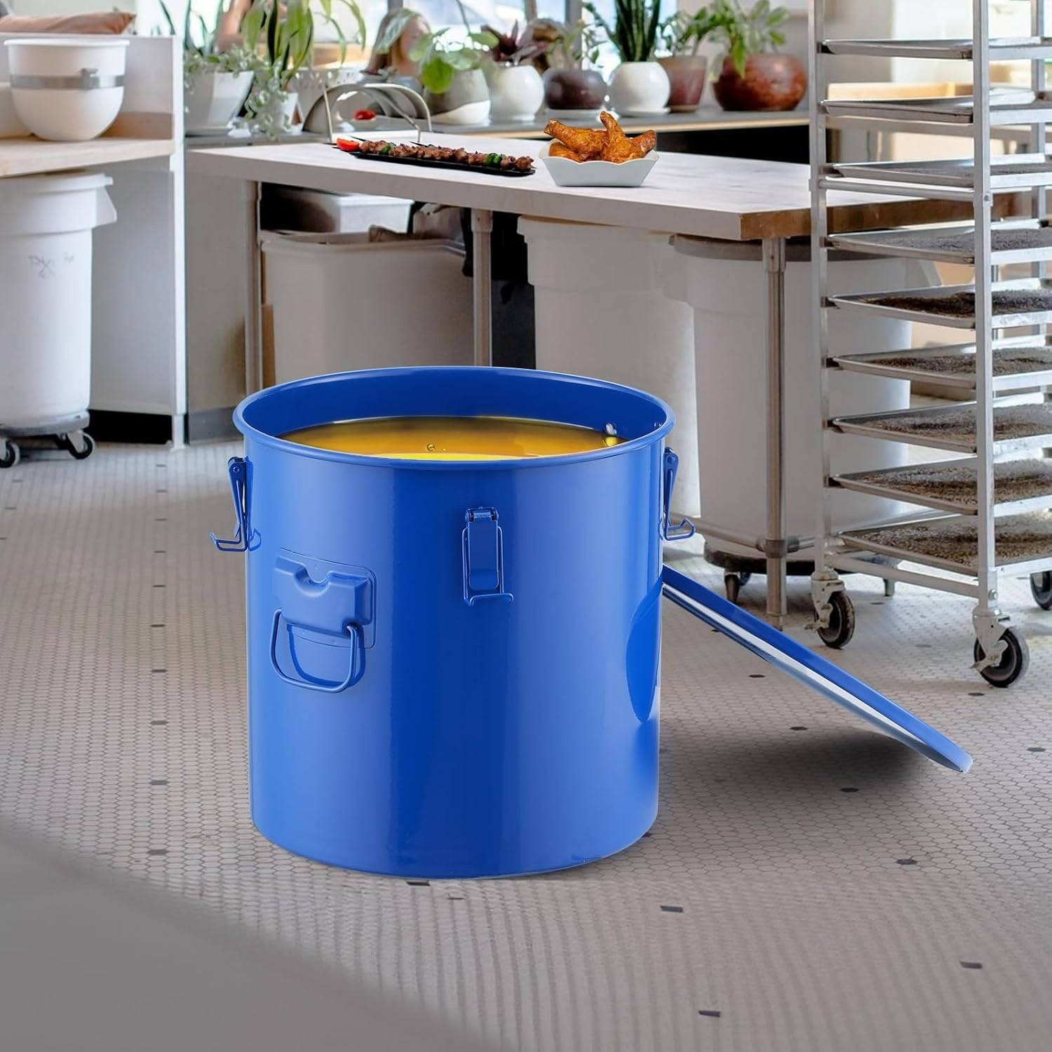 image:imageVEVOR Fryer Grease Bucket 16 Gal Oil Disposal Caddy with Caster Base Carbon Steel RustProof Coating Oil Transport Container with Lid Lock Clips Filter Bag for Hot Cooking Oil Filtering GrayBlue