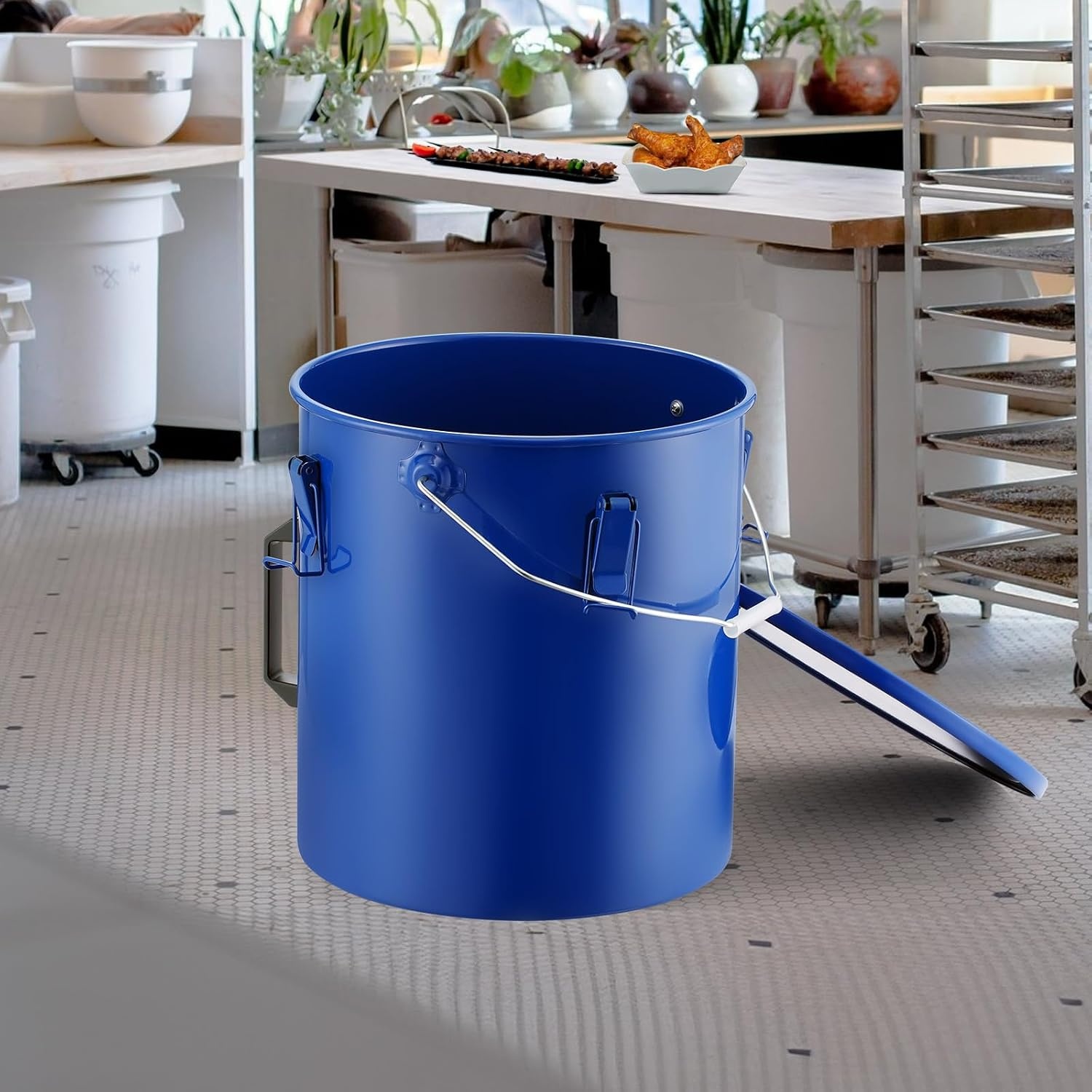 image:imageVEVOR Fryer Grease Bucket 16 Gal Oil Disposal Caddy with Caster Base Carbon Steel RustProof Coating Oil Transport Container with Lid Lock Clips Filter Bag for Hot Cooking Oil Filtering GrayBlue