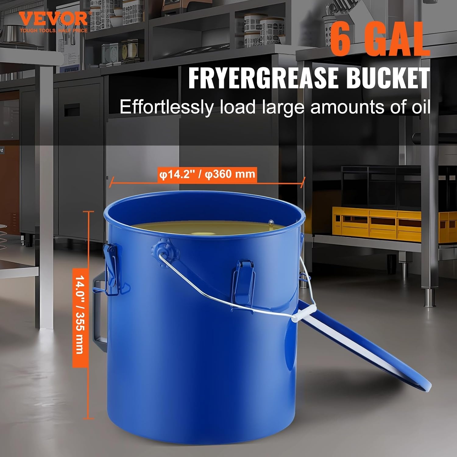 image:imageVEVOR Fryer Grease Bucket 16 Gal Oil Disposal Caddy with Caster Base Carbon Steel RustProof Coating Oil Transport Container with Lid Lock Clips Filter Bag for Hot Cooking Oil Filtering GrayBlue