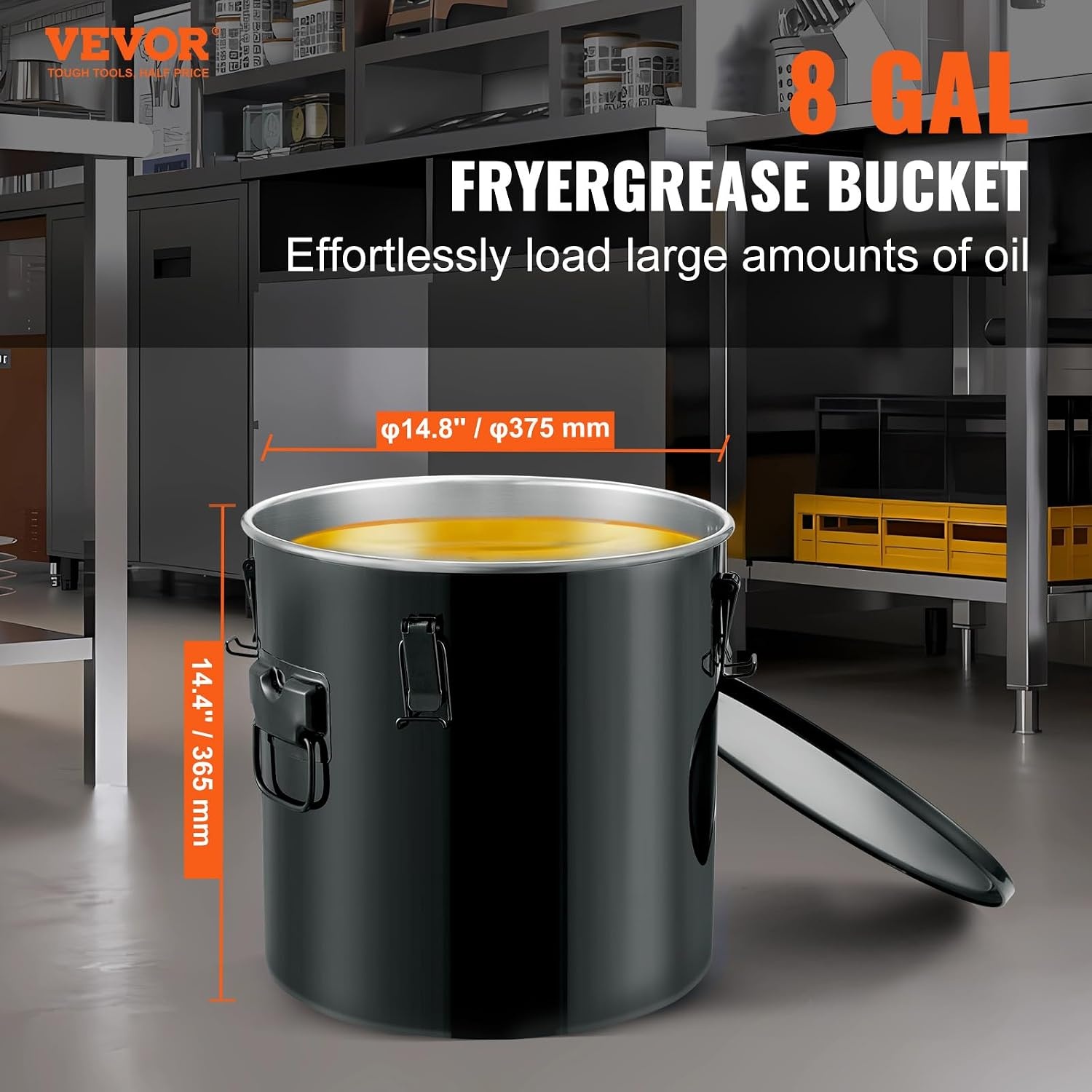 image:imageVEVOR Fryer Grease Bucket 16 Gal Oil Disposal Caddy with Caster Base Carbon Steel RustProof Coating Oil Transport Container with Lid Lock Clips Filter Bag for Hot Cooking Oil Filtering GrayBlack