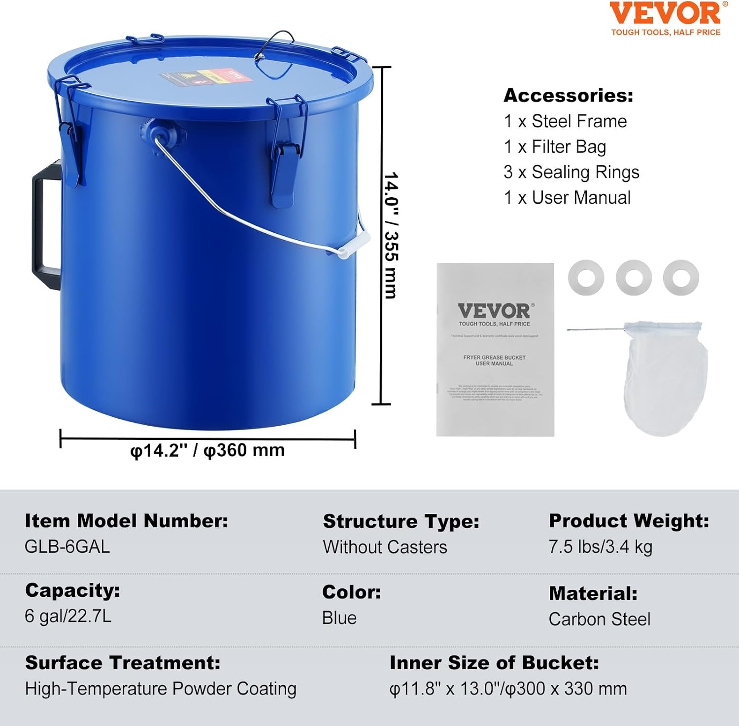 image:imageVEVOR Fryer Grease Bucket 16 Gal Oil Disposal Caddy with Caster Base Carbon Steel RustProof Coating Oil Transport Container with Lid Lock Clips Filter Bag for Hot Cooking Oil Filtering GrayBlue
