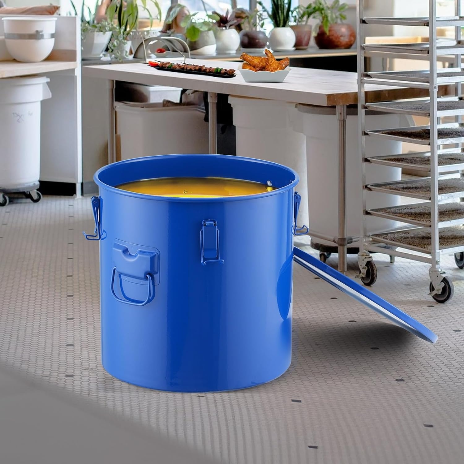 image:imageVEVOR Fryer Grease Bucket 16 Gal Oil Disposal Caddy with Caster Base Carbon Steel RustProof Coating Oil Transport Container with Lid Lock Clips Filter Bag for Hot Cooking Oil Filtering GrayBlue