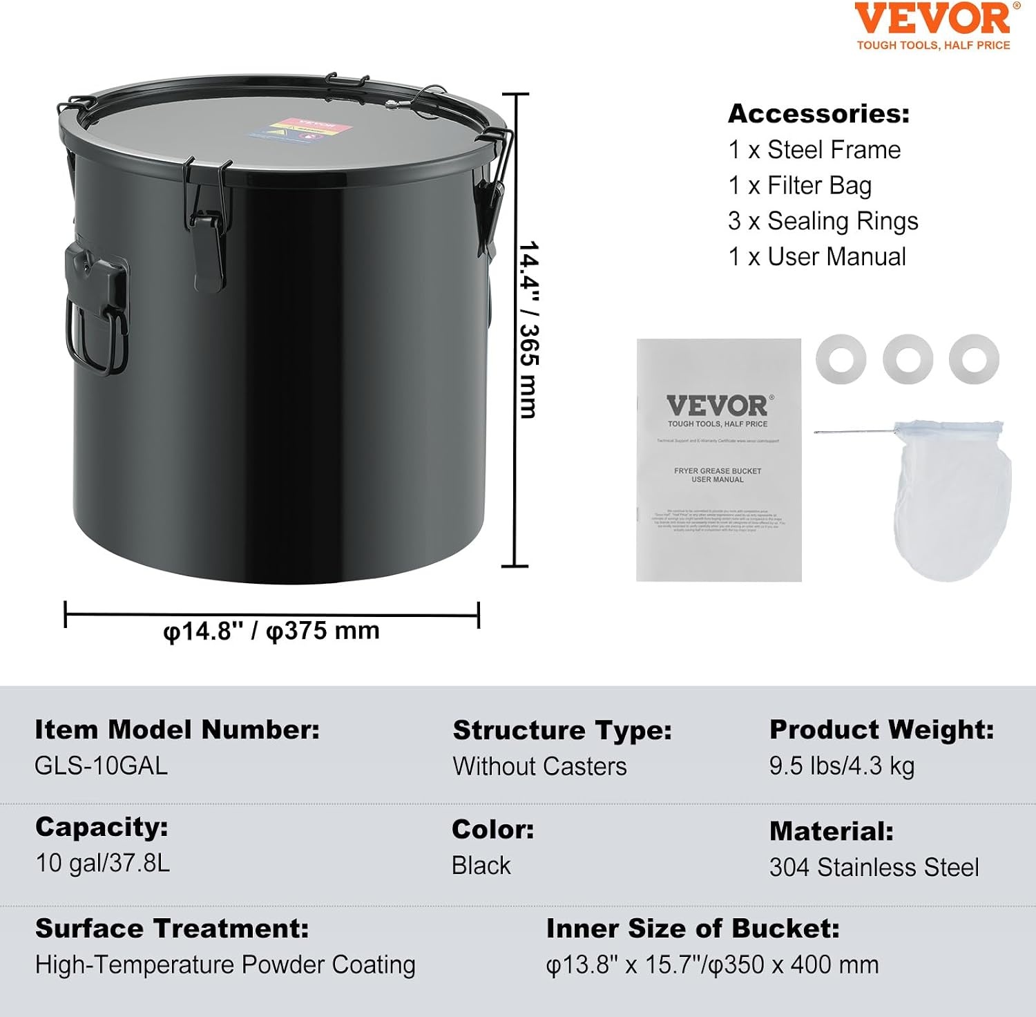 image:imageVEVOR Fryer Grease Bucket 16 Gal Oil Disposal Caddy with Caster Base Carbon Steel RustProof Coating Oil Transport Container with Lid Lock Clips Filter Bag for Hot Cooking Oil Filtering GrayBlack