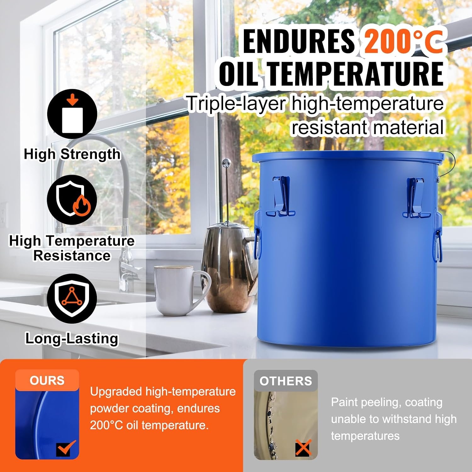 image:imageVEVOR Fryer Grease Bucket 16 Gal Oil Disposal Caddy with Caster Base Carbon Steel RustProof Coating Oil Transport Container with Lid Lock Clips Filter Bag for Hot Cooking Oil Filtering GrayBlue