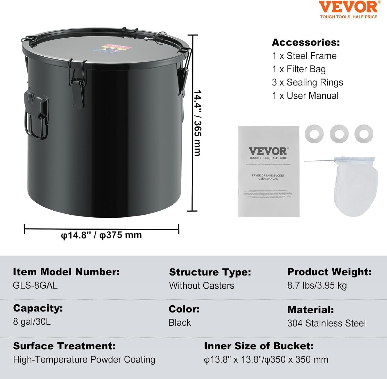 image:imageVEVOR Fryer Grease Bucket 16 Gal Oil Disposal Caddy with Caster Base Carbon Steel RustProof Coating Oil Transport Container with Lid Lock Clips Filter Bag for Hot Cooking Oil Filtering GrayBlack