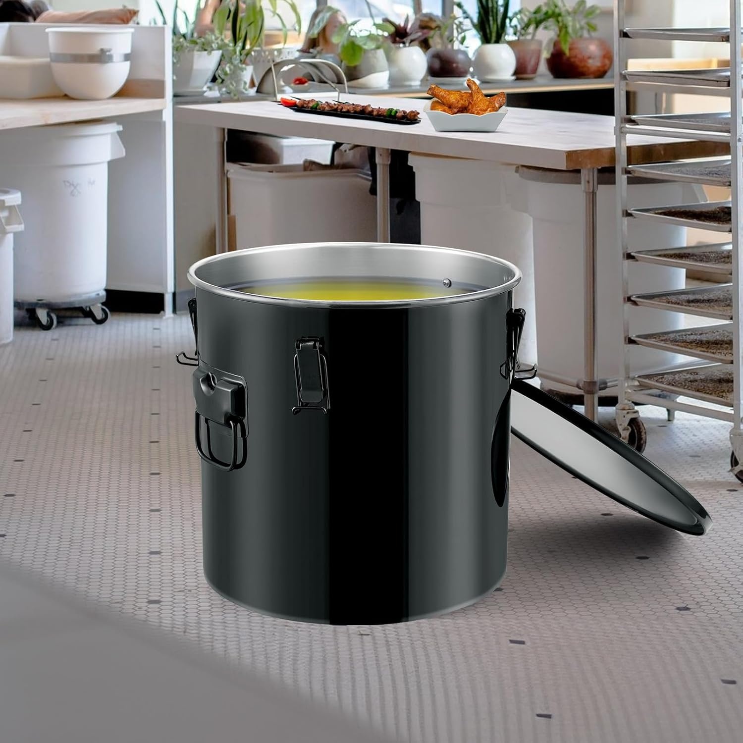 image:imageVEVOR Fryer Grease Bucket 16 Gal Oil Disposal Caddy with Caster Base Carbon Steel RustProof Coating Oil Transport Container with Lid Lock Clips Filter Bag for Hot Cooking Oil Filtering GrayBlack