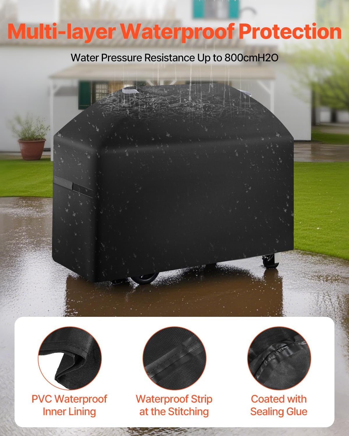 image:imageVEVOR Grill Cover 58 inch BBQ Covers for Outdoor Grills Waterproof Fade Resistant Weather Resistant Heavy Duty 600D Polyester Easy OnOff with HookandLoop Straps Black63inch