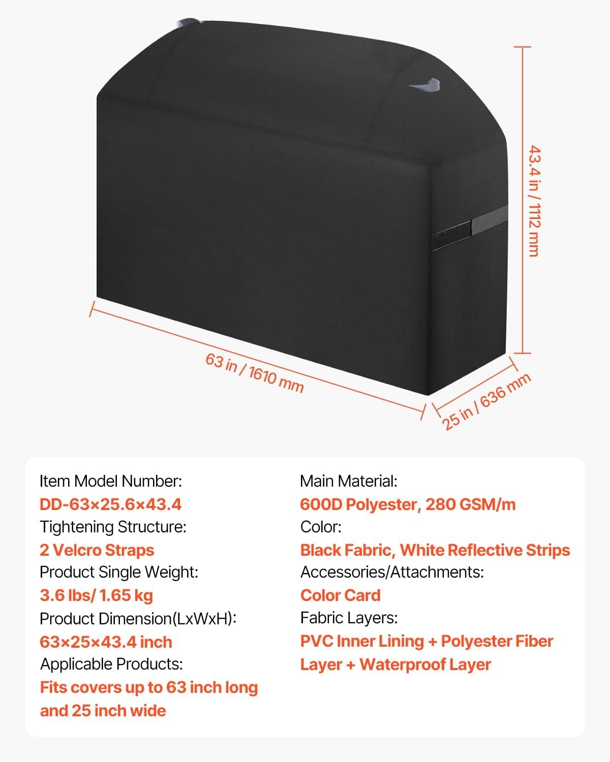 image:imageVEVOR Grill Cover 58 inch BBQ Covers for Outdoor Grills Waterproof Fade Resistant Weather Resistant Heavy Duty 600D Polyester Easy OnOff with HookandLoop Straps Black63inch