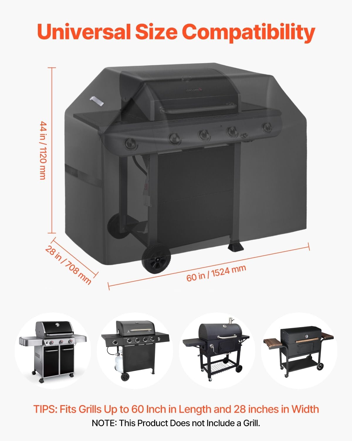 image:imageVEVOR Grill Cover 58 inch BBQ Covers for Outdoor Grills Waterproof Fade Resistant Weather Resistant Heavy Duty 600D Polyester Easy OnOff with HookandLoop Straps Black60inch