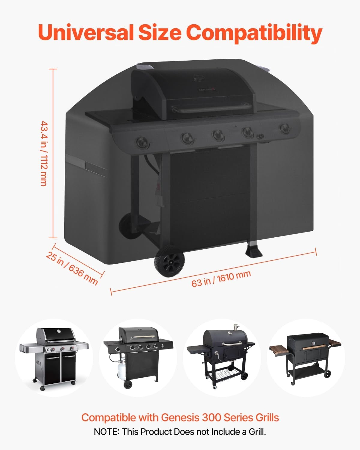 image:imageVEVOR Grill Cover 58 inch BBQ Covers for Outdoor Grills Waterproof Fade Resistant Weather Resistant Heavy Duty 600D Polyester Easy OnOff with HookandLoop Straps Black63inch