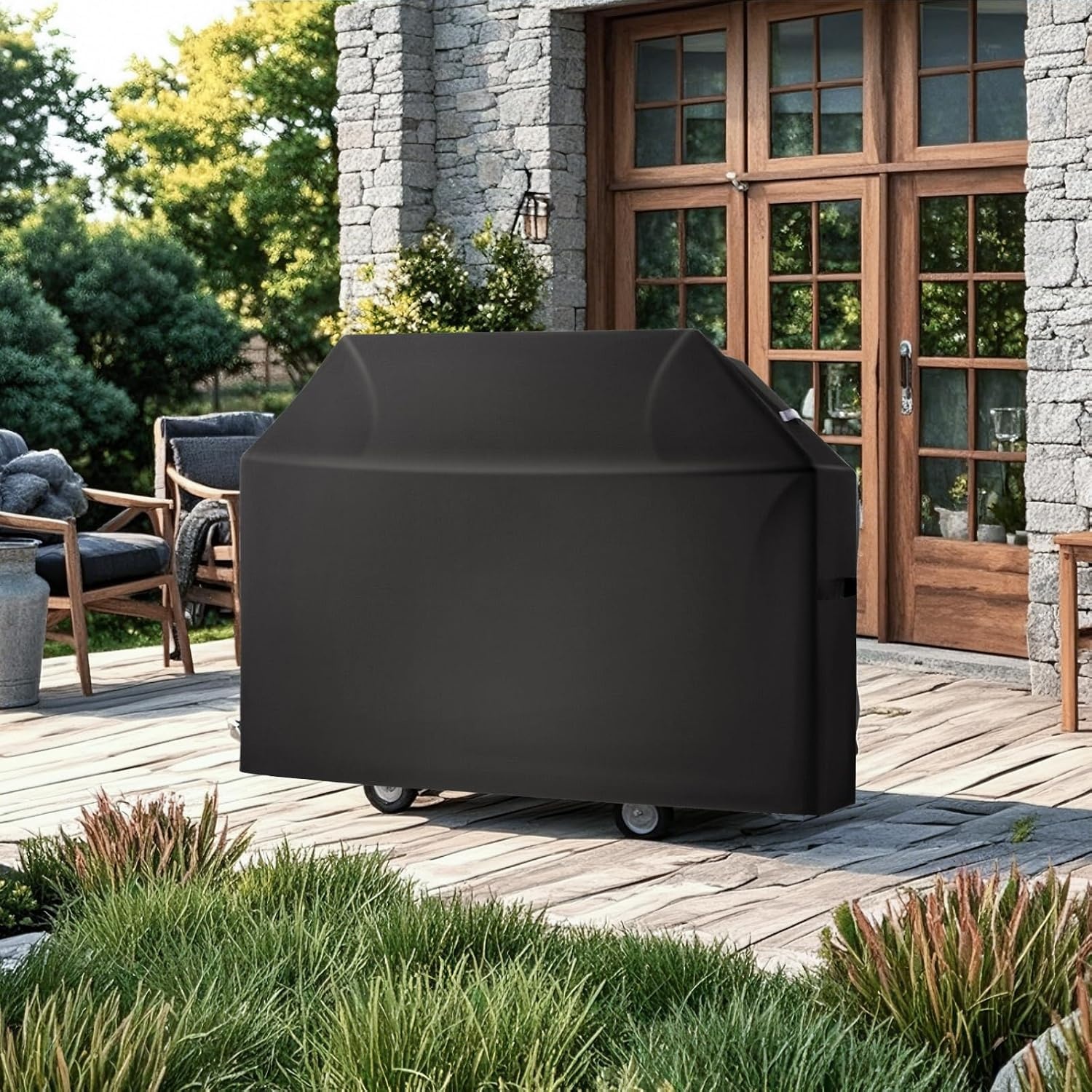 image:imageVEVOR Grill Cover 58 inch BBQ Covers for Outdoor Grills Waterproof Fade Resistant Weather Resistant Heavy Duty 600D Polyester Easy OnOff with HookandLoop Straps Black60inch
