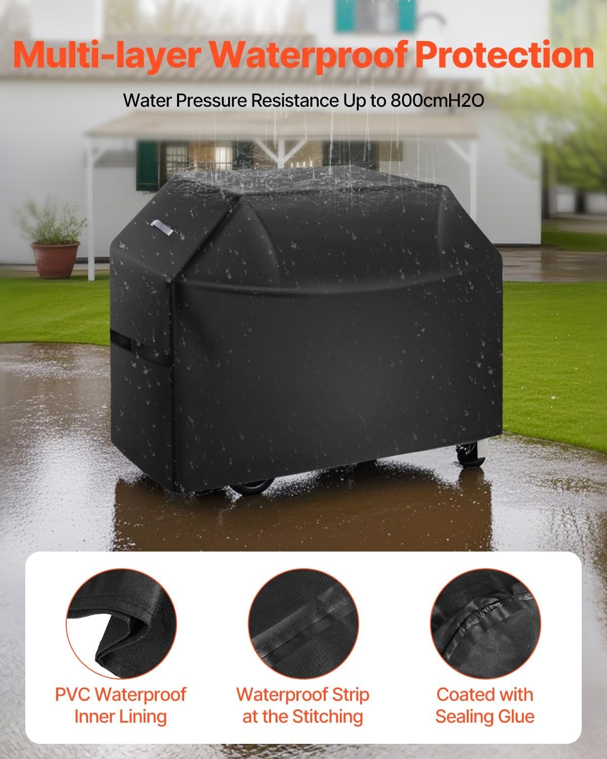 image:imageVEVOR Grill Cover 58 inch BBQ Covers for Outdoor Grills Waterproof Fade Resistant Weather Resistant Heavy Duty 600D Polyester Easy OnOff with HookandLoop Straps Black60inch