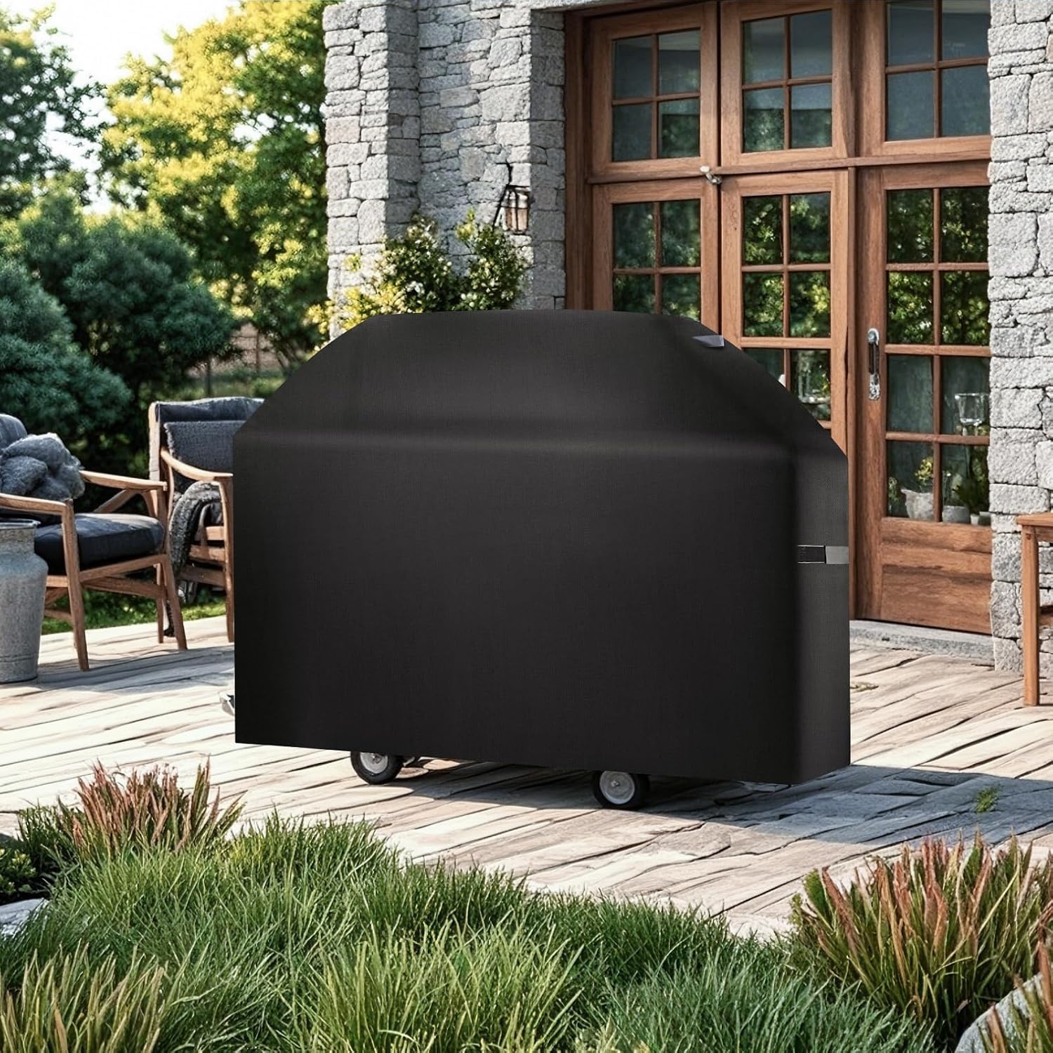 image:imageVEVOR Grill Cover 58 inch BBQ Covers for Outdoor Grills Waterproof Fade Resistant Weather Resistant Heavy Duty 600D Polyester Easy OnOff with HookandLoop Straps Black63inch
