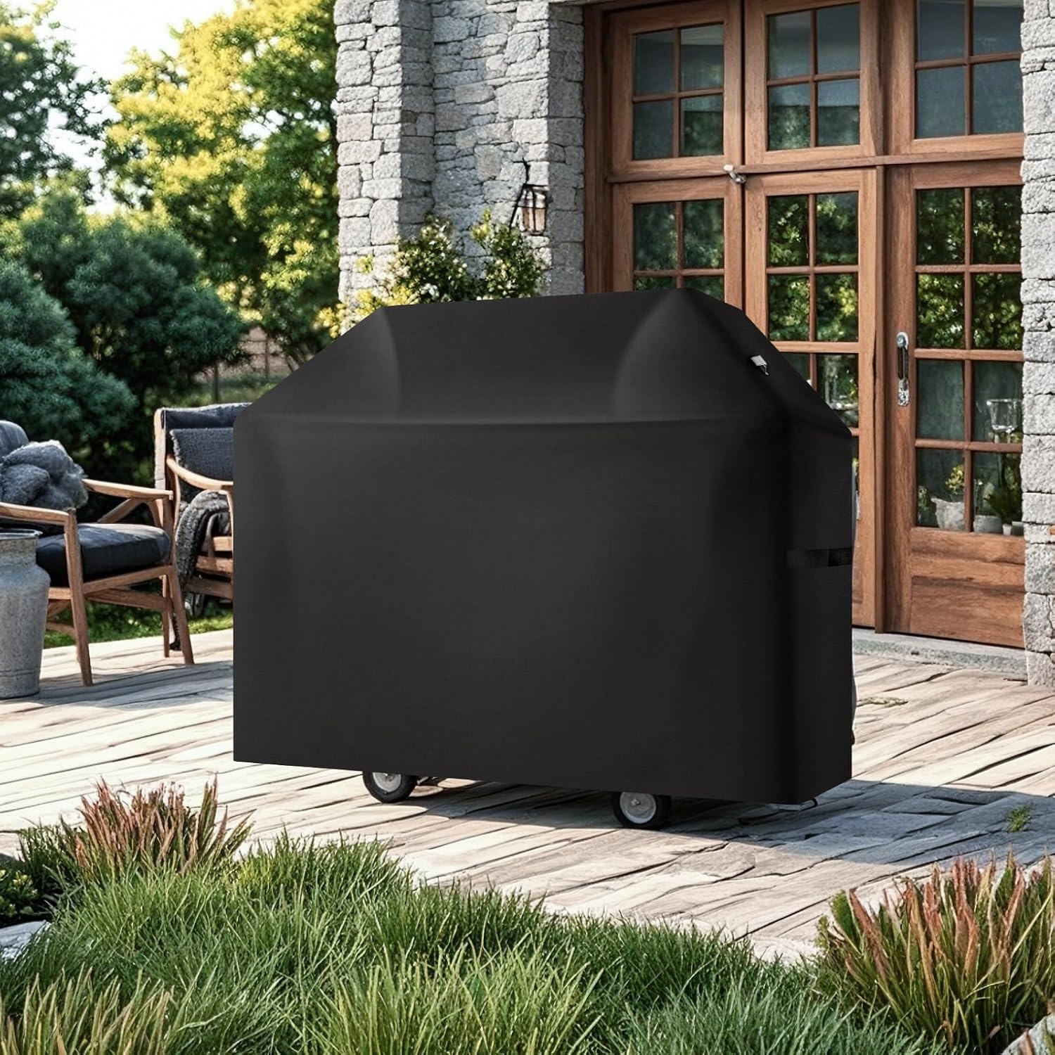 image:imageVEVOR Grill Cover 58 inch BBQ Covers for Outdoor Grills Waterproof Fade Resistant Weather Resistant Heavy Duty 600D Polyester Easy OnOff with HookandLoop Straps Black58inch